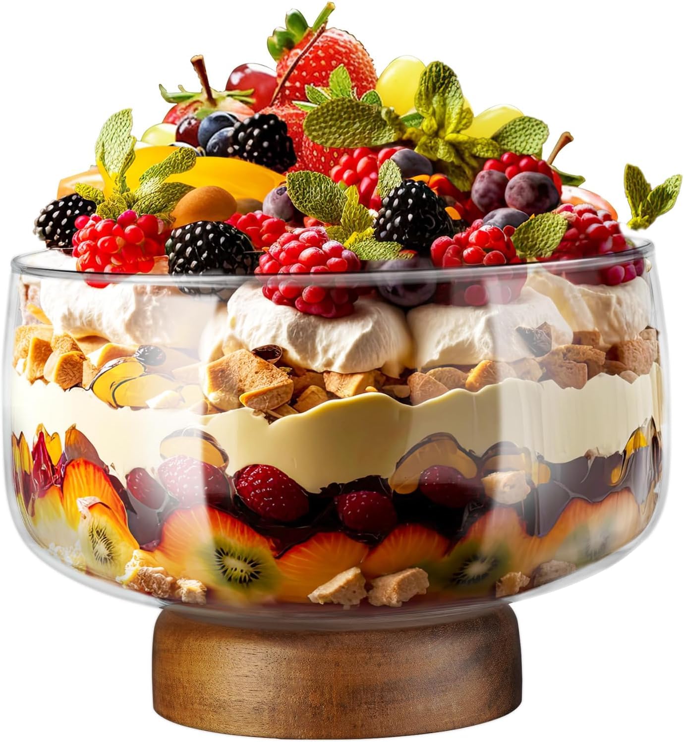 SLEEPHEAD®123oz Large Glass Trifle Bowl with Elegant Acacia Wood Stand, Versatile Serving Dish for Cakes, Salads, Stylish Display for Parties, Weddings, Special Occasions, Durable Easy to Clean