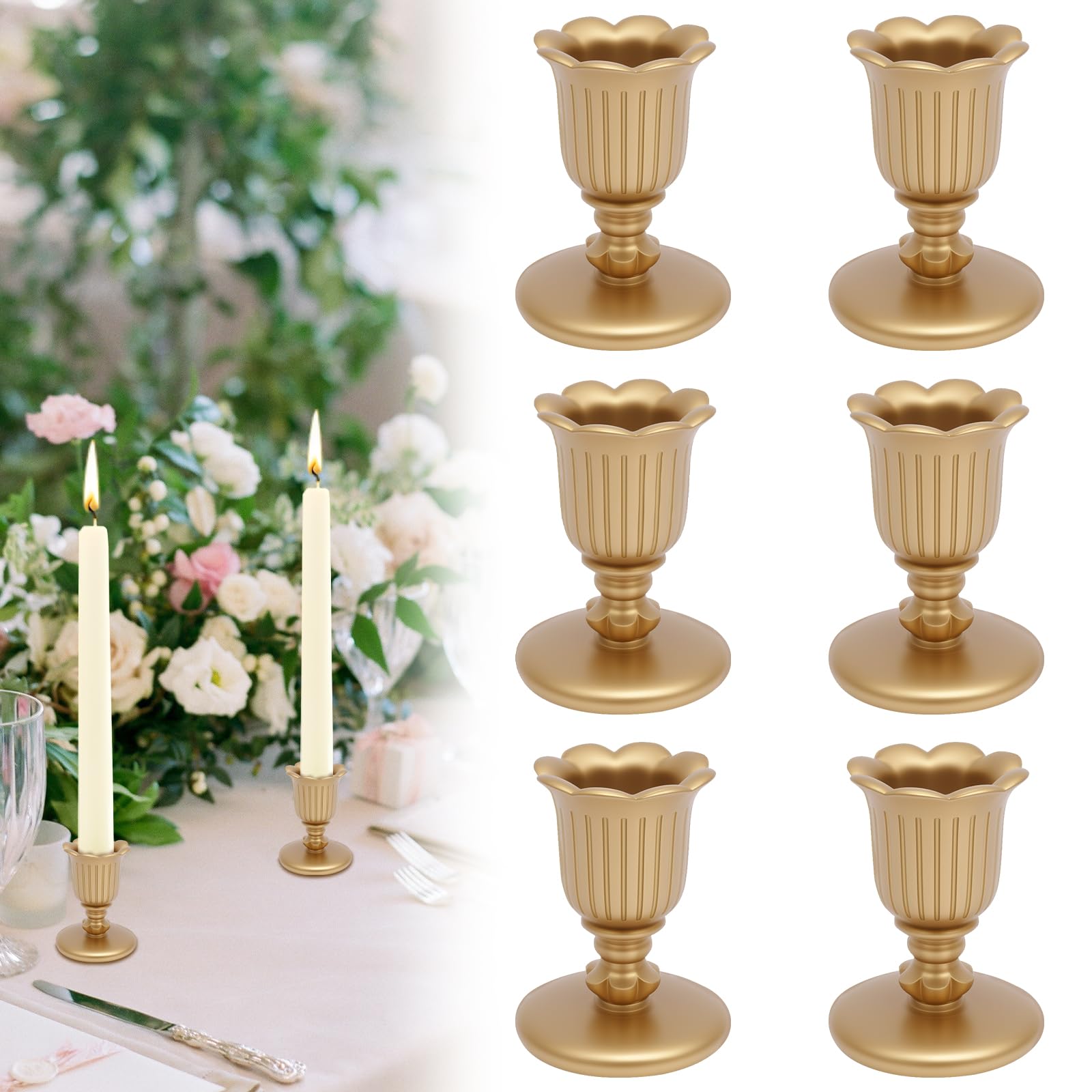 Pack of 6 Gold Candlesticks, Vintage Luxurious Candle Holders for Taper Candles, Non-Slip Taper Candle Holders for Dinner, Wedding, Home, Table Decoration, Fireplace Decoration, Candlelight