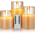Set of 3 Glass Flameless Candles Operated with Timer, Remote Control,Flickering LED Pillar Candle Battery Powered, Holiday Confessions Restaurant Decoration