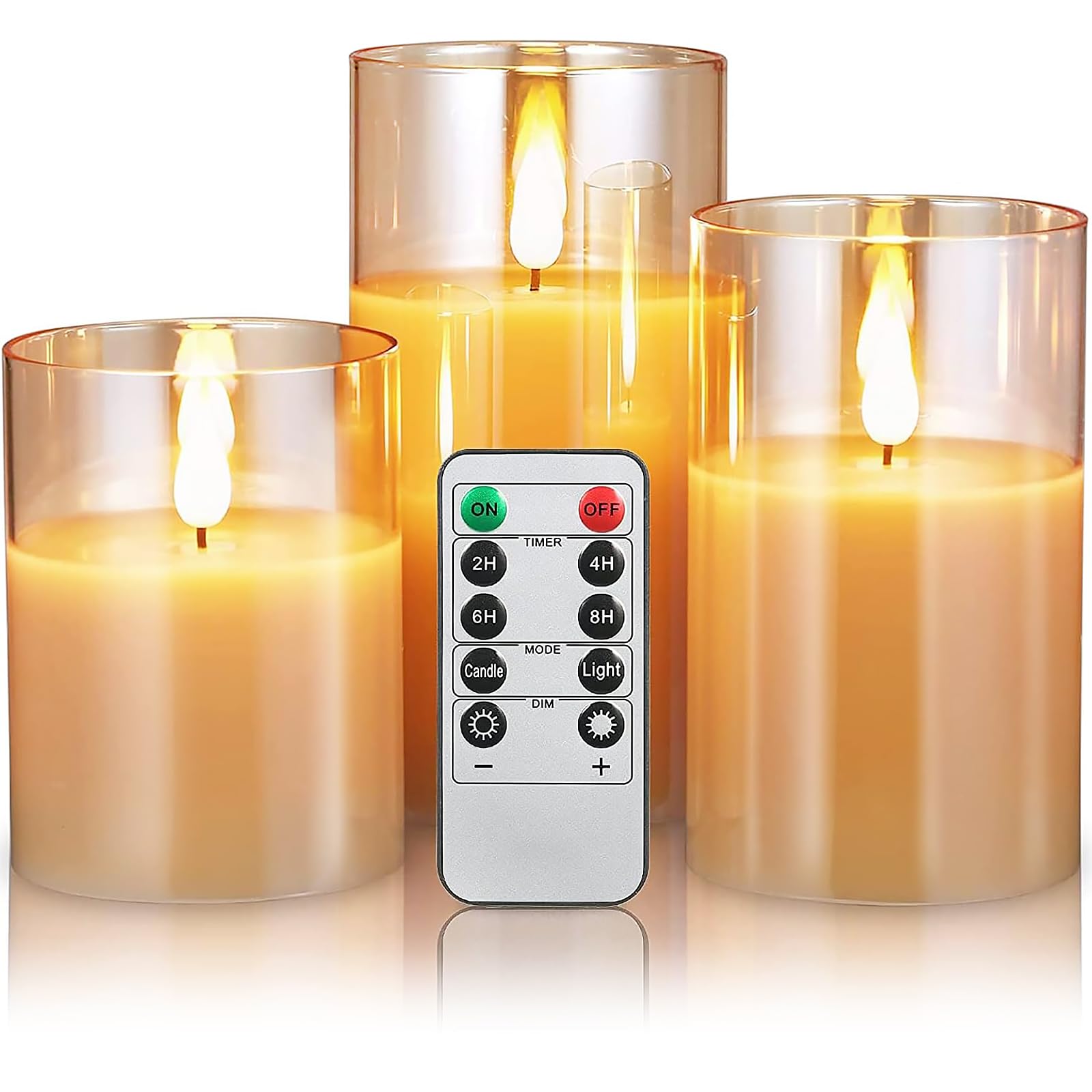 Set of 3 Glass Flameless Candles Operated with Timer, Remote Control,Flickering LED Pillar Candle Battery Powered, Holiday Confessions Restaurant Decoration