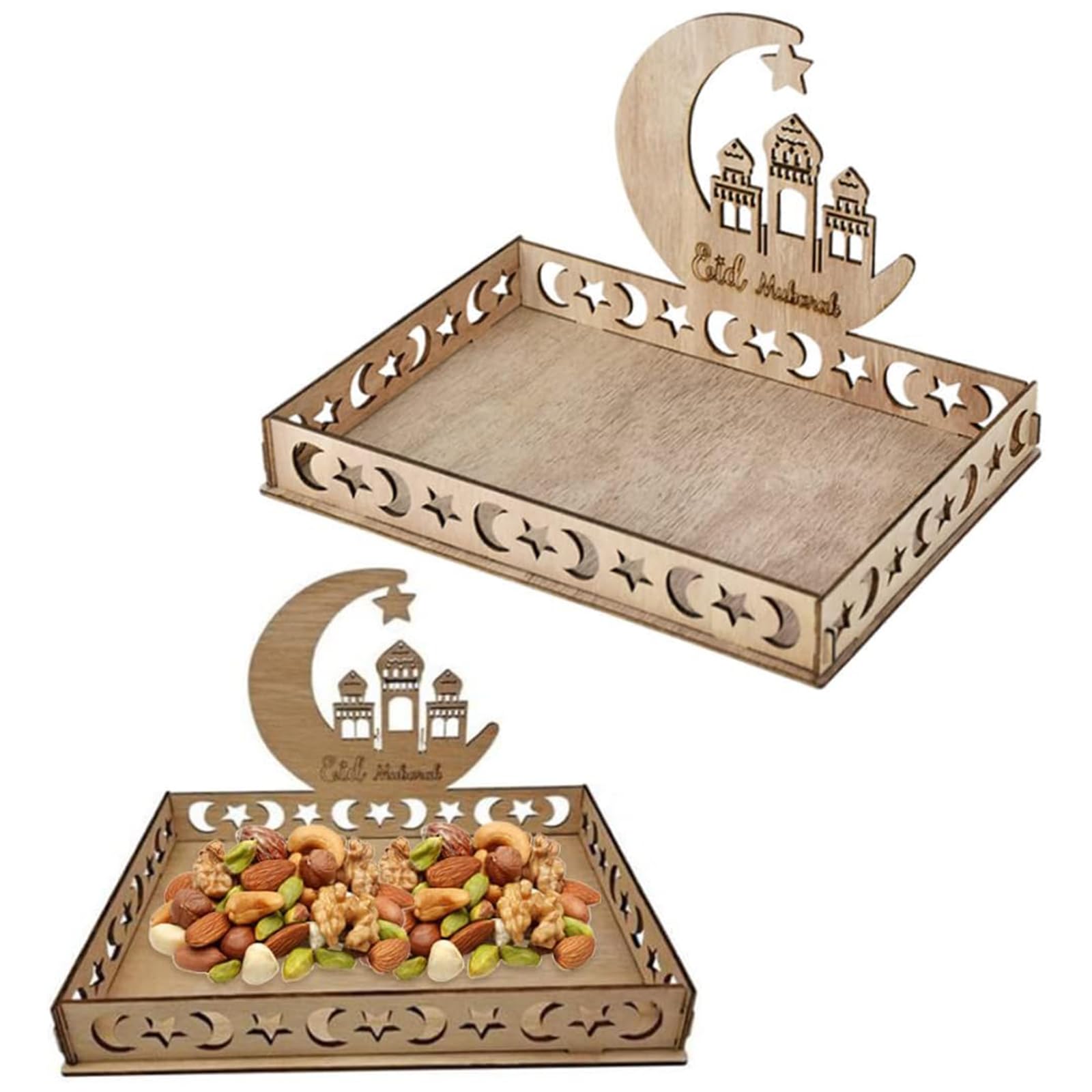 VUCATIN Ramadan Wooden Tray, 1PCS Large Eid Mubarak Tray Moon and Star Ramadan Decorations Rectangle Food Serving Tray Tableware for Islamic Muslim Festival Party Decor