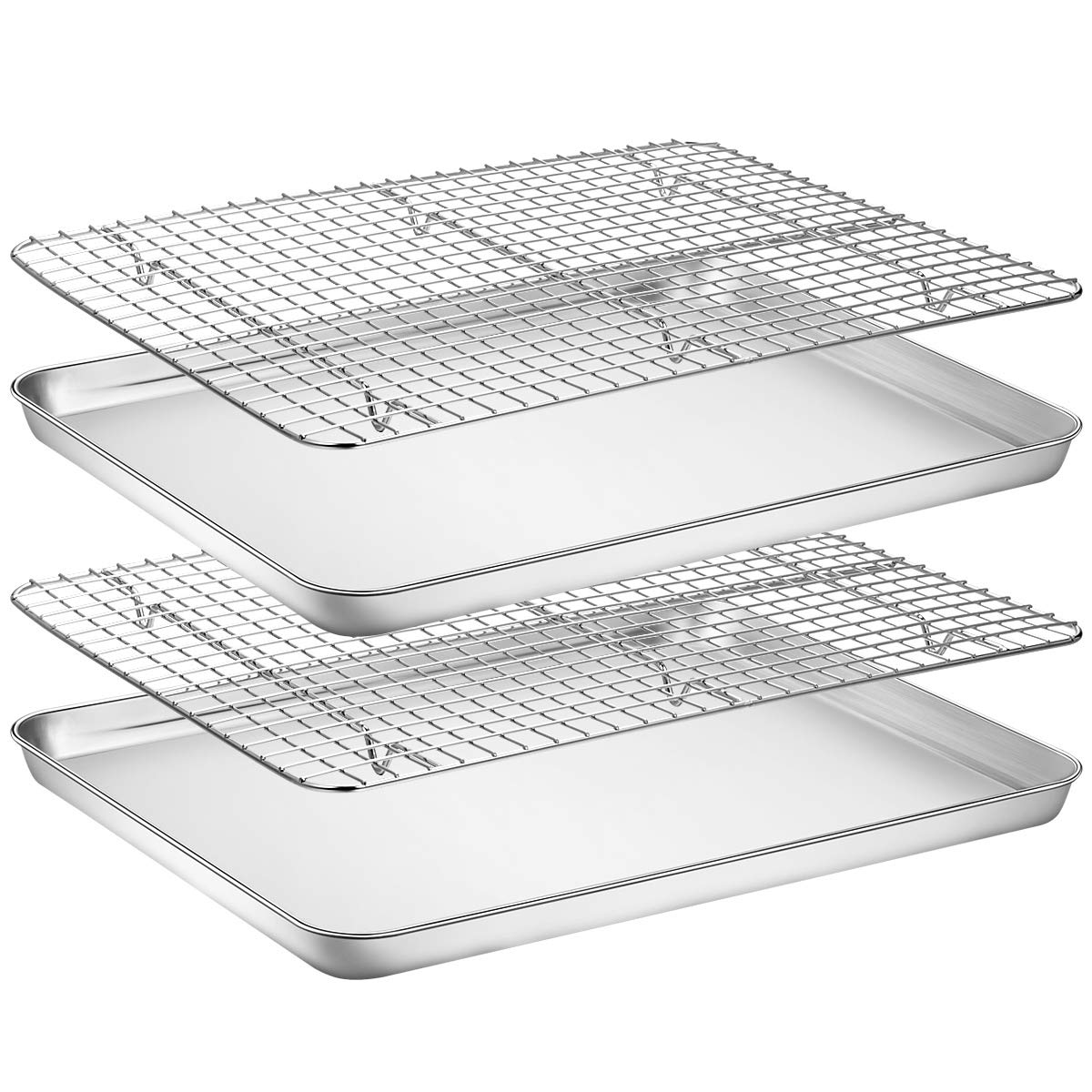 Wildone Baking Sheet with Rack Set [2 Pans + 2 Racks], Stainless Steel Cookie Sheet Baking Pan Tray with Cooling Rack, Size 16 x 12 x 1 Inch, Non Toxic & Heavy Duty & Easy Clean