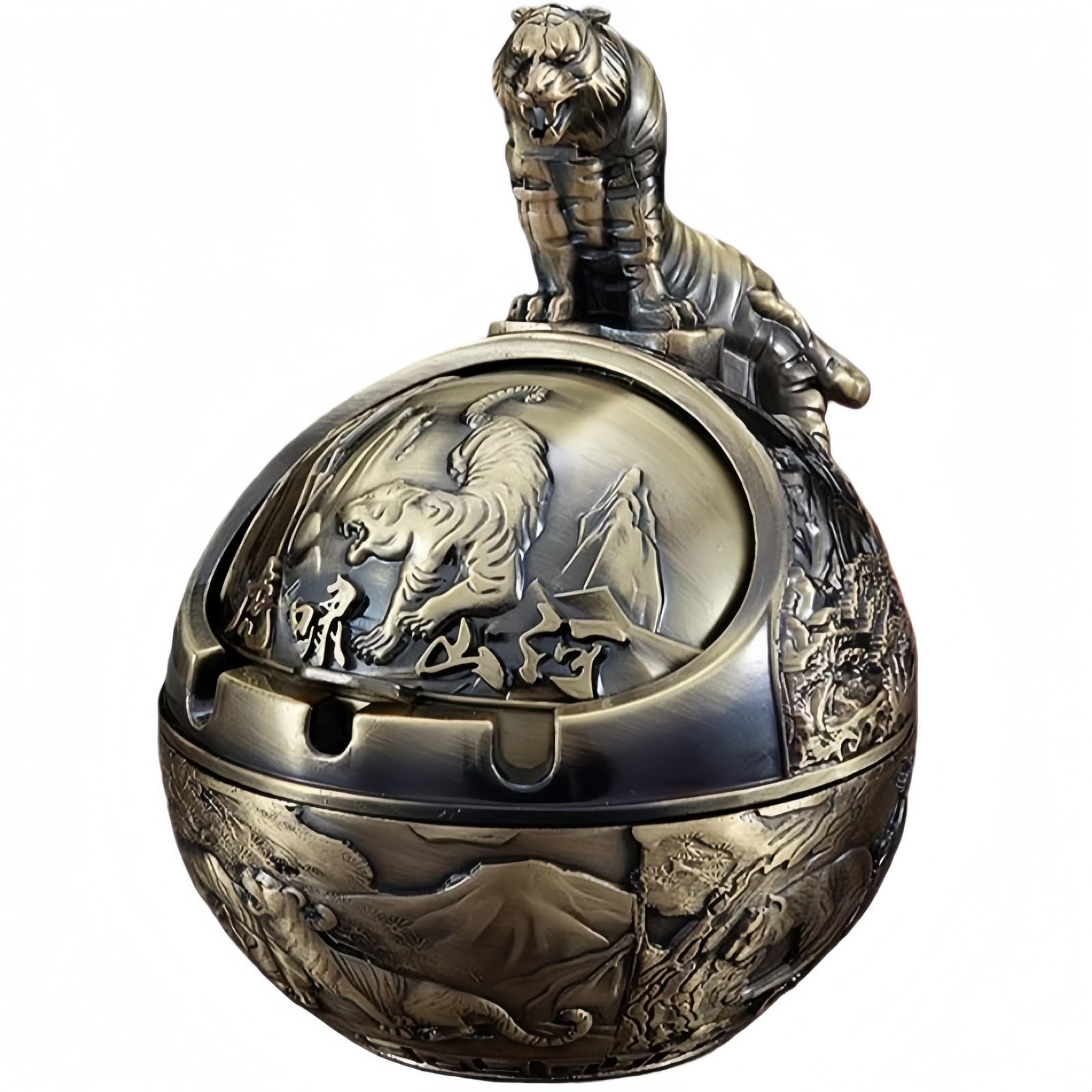 Metal Ashtray - 12 Designs to Choose From (Chinese Zodiac) - Windproof Ashtray with Antique Lid Decor for Living Room, Office & Gift (Tiger)