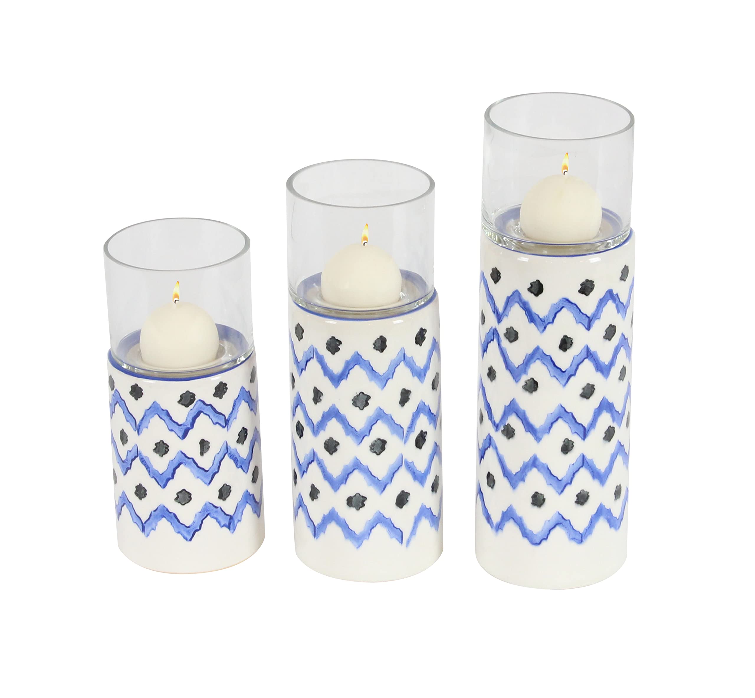 Deco 79 Zigzag-Patterned Ceramic Candle Holders (Set of 3), Black/Silver, 9" x 11" x 13"