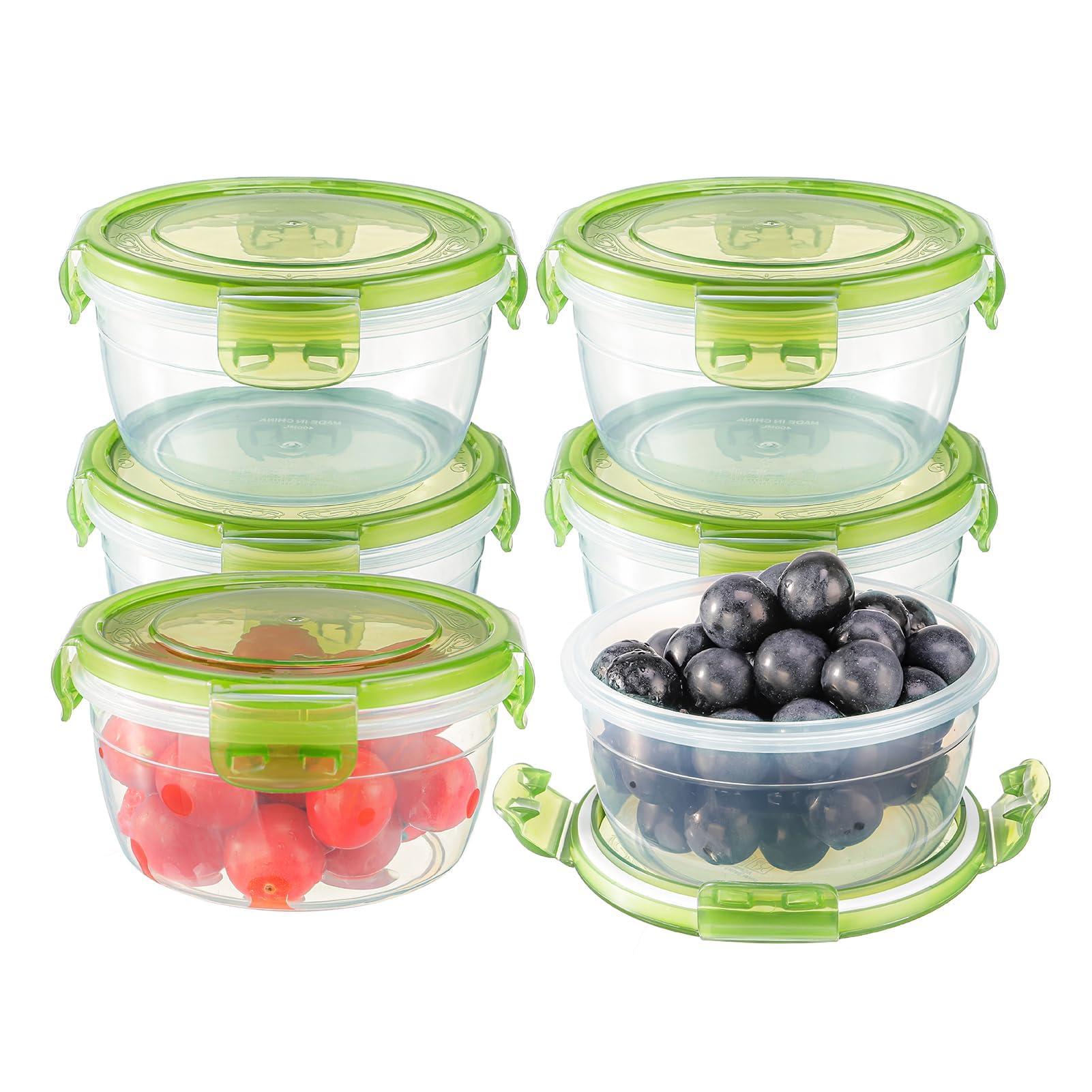 Azonee 6 Pack Round Food Containers with Lid, Leak-proof Plastic Crisper, Meal Prep Containers, Bento Lunch Box, Refrigerator Food Storage Sealed Box, Microwave Freezer Dishwasher Safe (Green, 400ML)