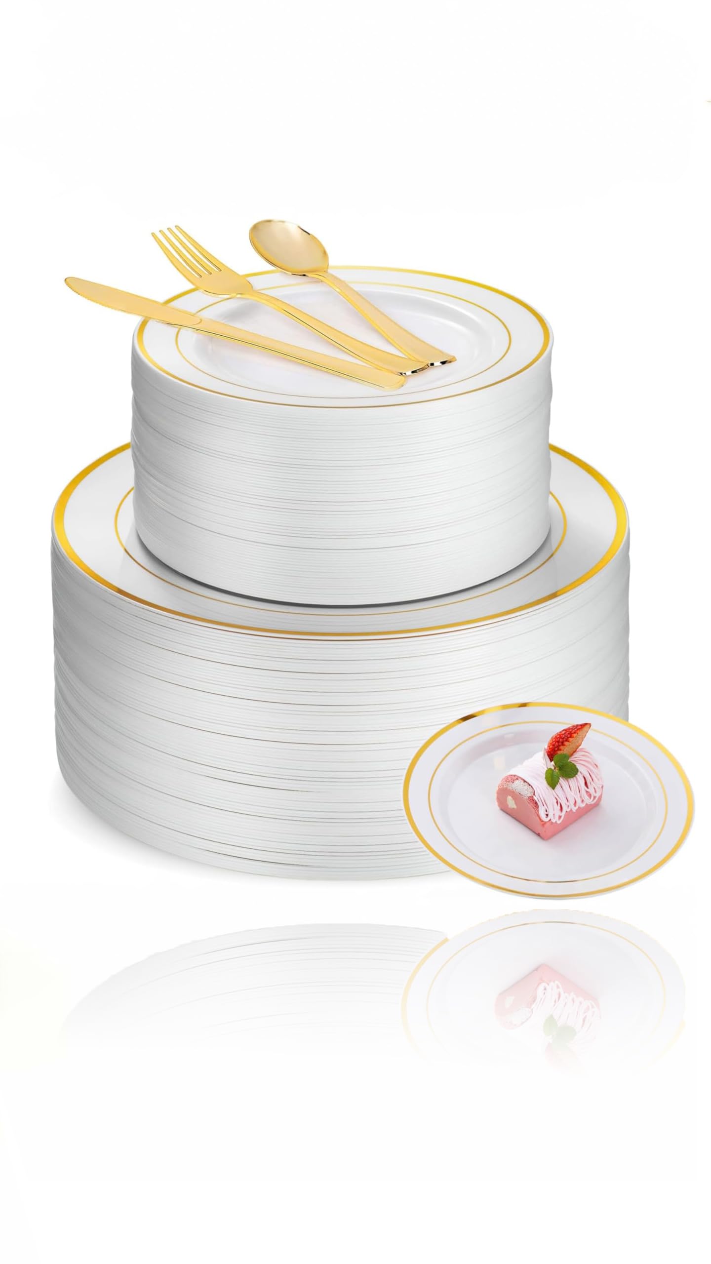 Sweet seven 125 Piece Gold Dinnerware Party Set - Disposable Wedding and birthday Party Supplies - Gold Rim Plastic Plates, Silverware, and Cutlery for 25 Guests