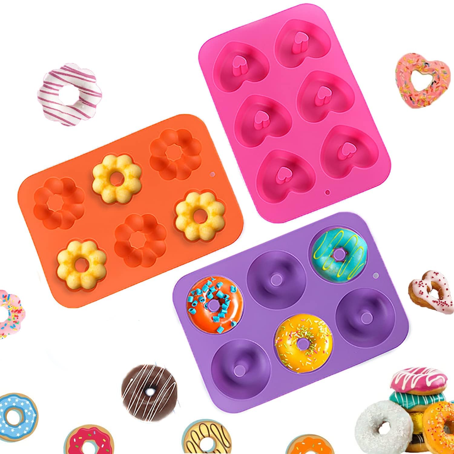 TERRIFI Silicone Donut Pan Set, Non-Stick Baking Pans for Doughnuts, Muffins, Cakes, Bagels, Easy Pop Out Design - Oven & Dishwasher Safe(Set of 3)