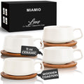 MIAMIO – 320 ml., Set of 4 Ceramic Tea Cup and Saucer Bamboo/Tea Mug - Wide Cappuccino Cup, Coffee Cups Ceramic Mug for Cappuccino, Latte, Espresso & Americano - Luxe Collection