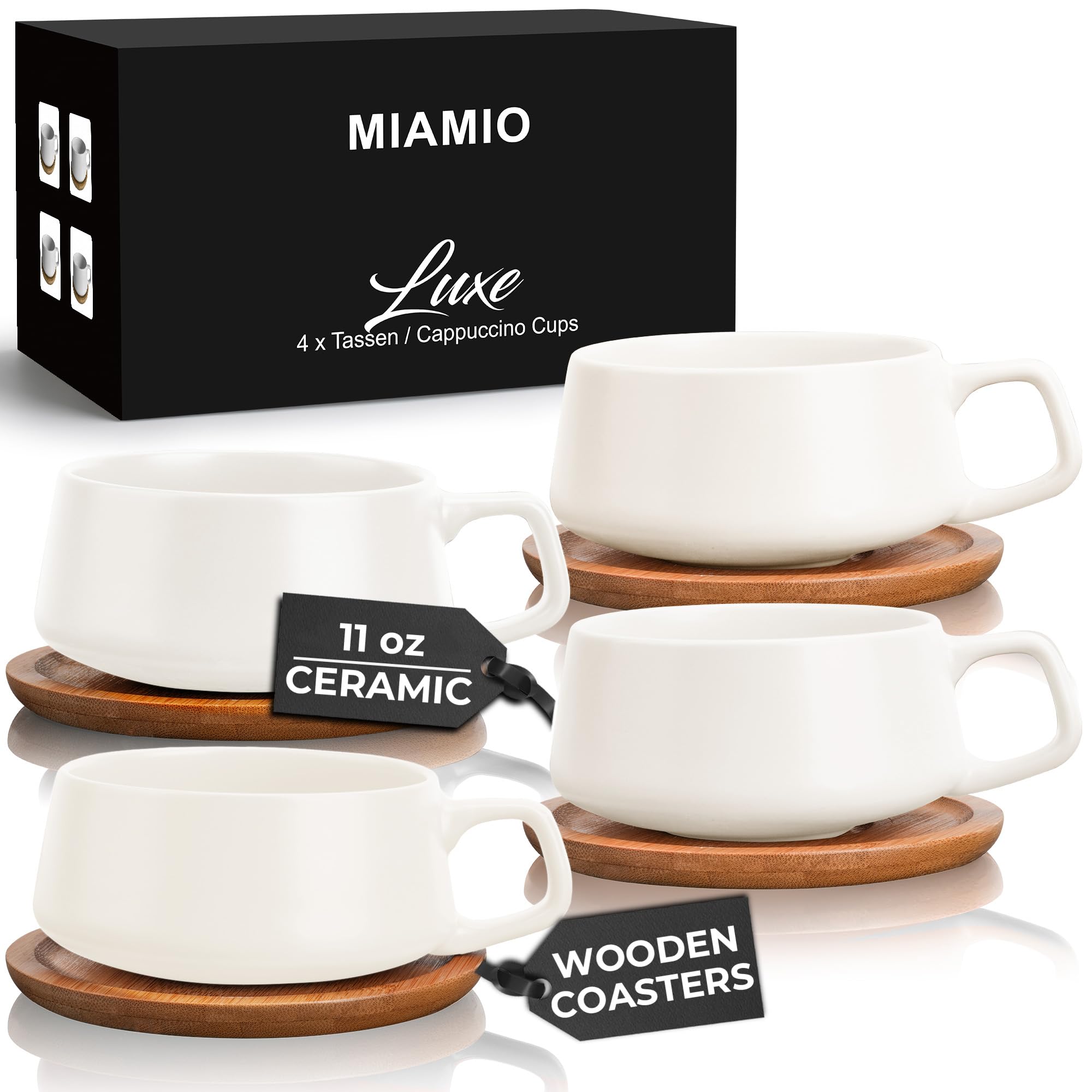 MIAMIO – 320 ml., Set of 4 Ceramic Tea Cup and Saucer Bamboo/Tea Mug - Wide Cappuccino Cup, Coffee Cups Ceramic Mug for Cappuccino, Latte, Espresso & Americano - Luxe Collection