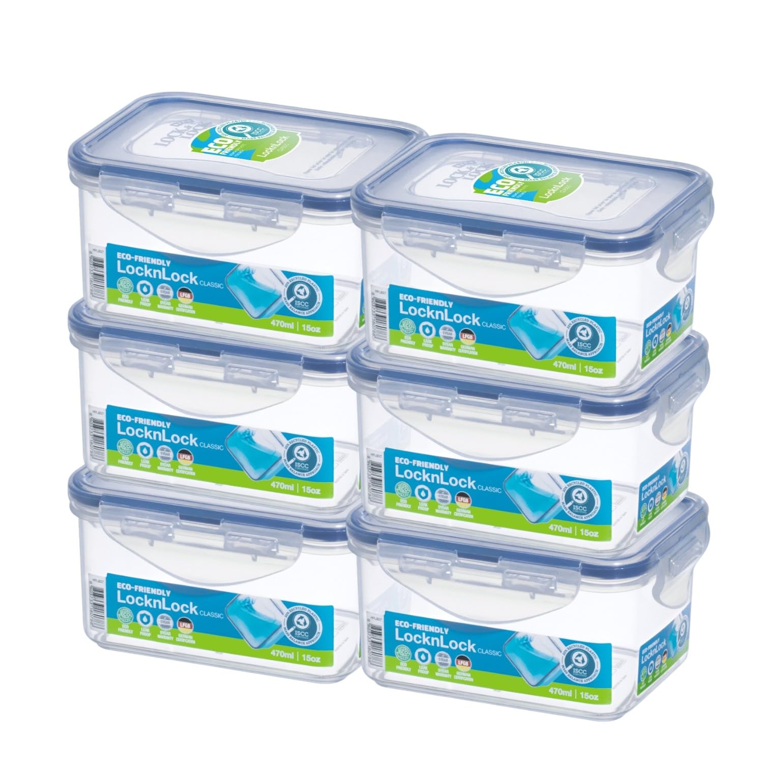 LocknLock 470ml Rectangular Airtight Food Storage - BPA-Free, Microwave, Freezer, and Dishwasher Safe - Pack of 6