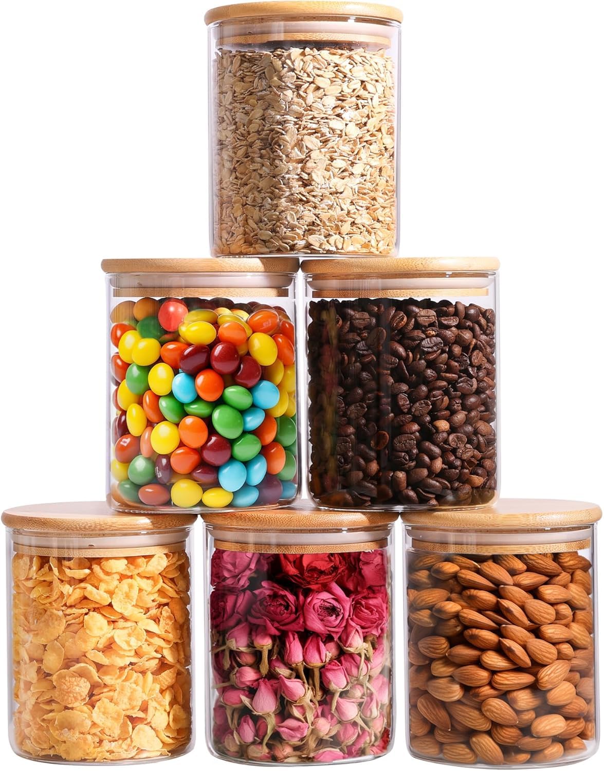 Set of 6 Round 1400ml kitchen storage containers set, glass jar for kitchen storage, glass jars with lid bamboo, Clear Glass Containers for Flour, Sugar, Coffee, Rice container, Candy jar