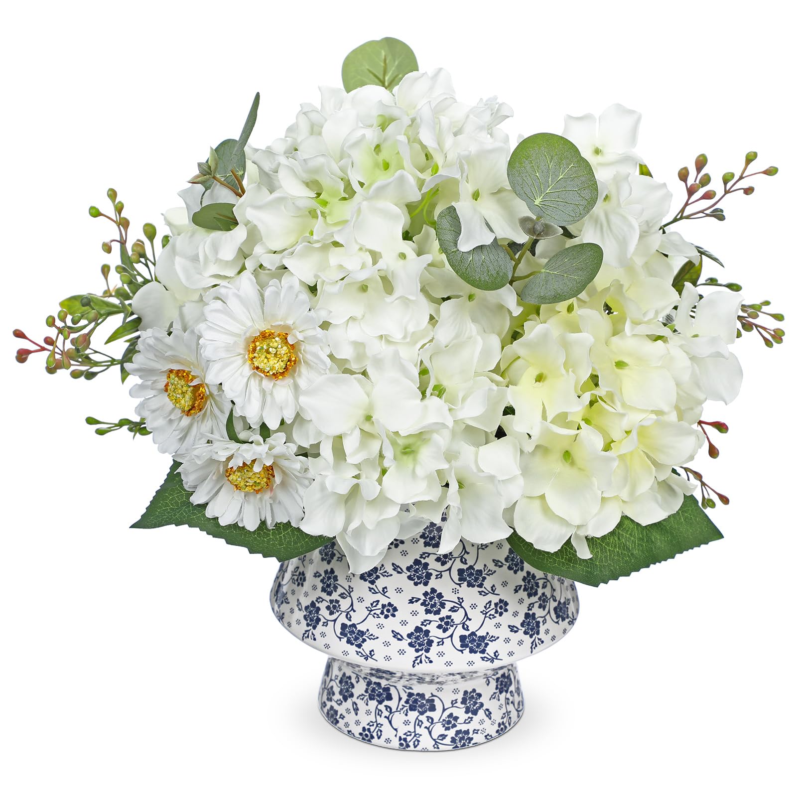 Hydrangea Artificial Flowers Mixed Daisy Eucalyptus Leaf Berries Fake Flowers, Large Blue and White Ceramic Vase Realistic Silk Flowers Bouquet for Home Decor Indoor Wedding Farmhouse, White