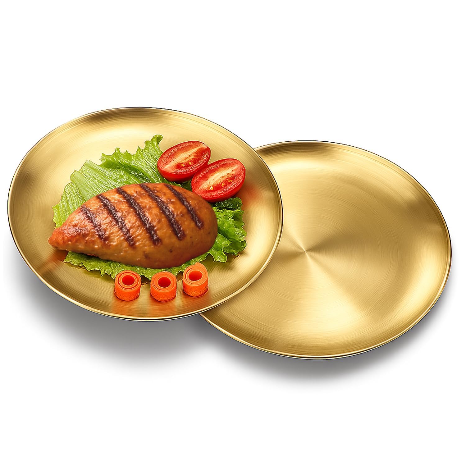 AMERTEER 2 Pack Gold Stainless Steel Salad Plates -10 Inch Gold Stainless Steel Plates, Round Metal Dinner Plates, Reusable Gold Dinnerware For Serving Metal Plates Snack plate Camping Plate Nut plate