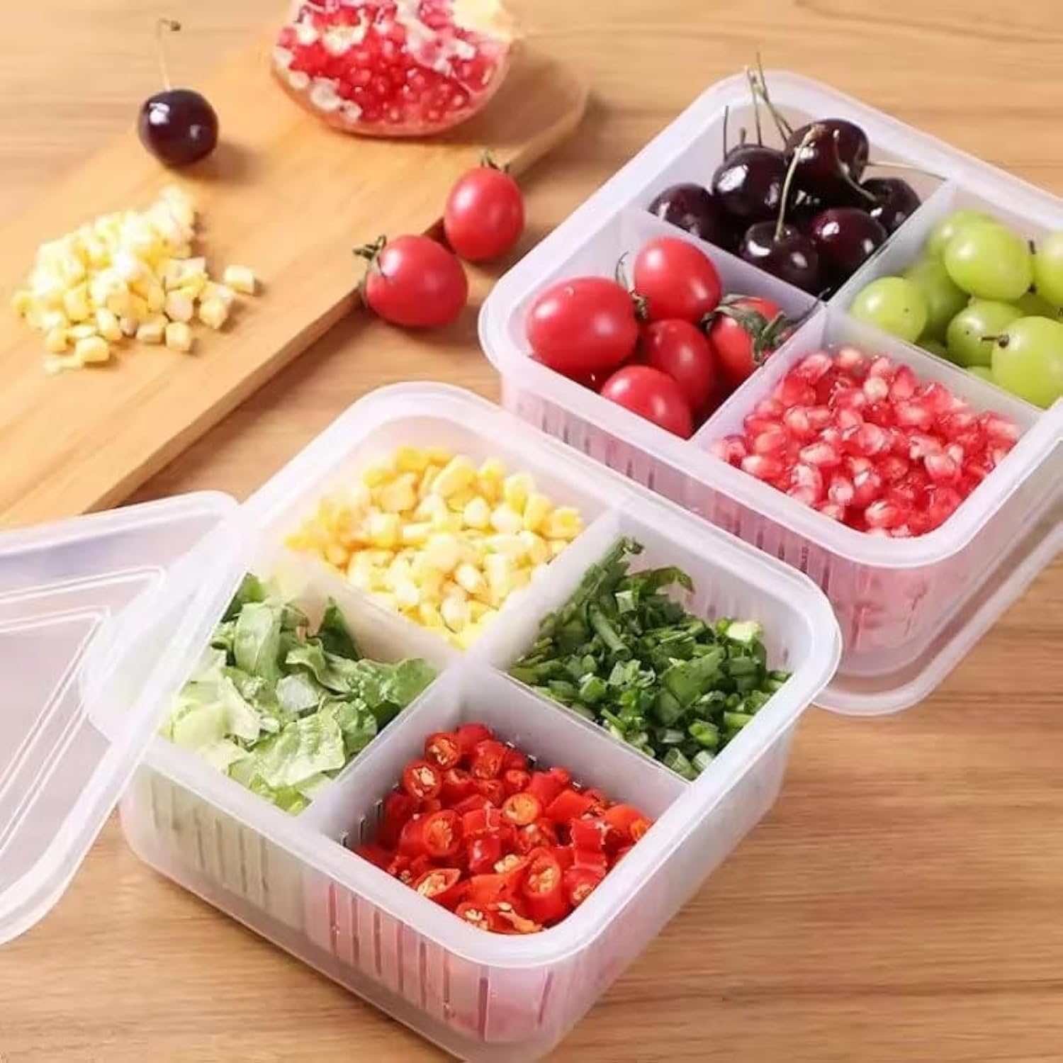 Premify Set of 2 Fridge Organizer, Fruit Vegetable Storage Saver Containers with Lid & Colander for Kitchen | BPA-Free Plastic Container Fresh Keeper Set, 4 Partitions in Each Box