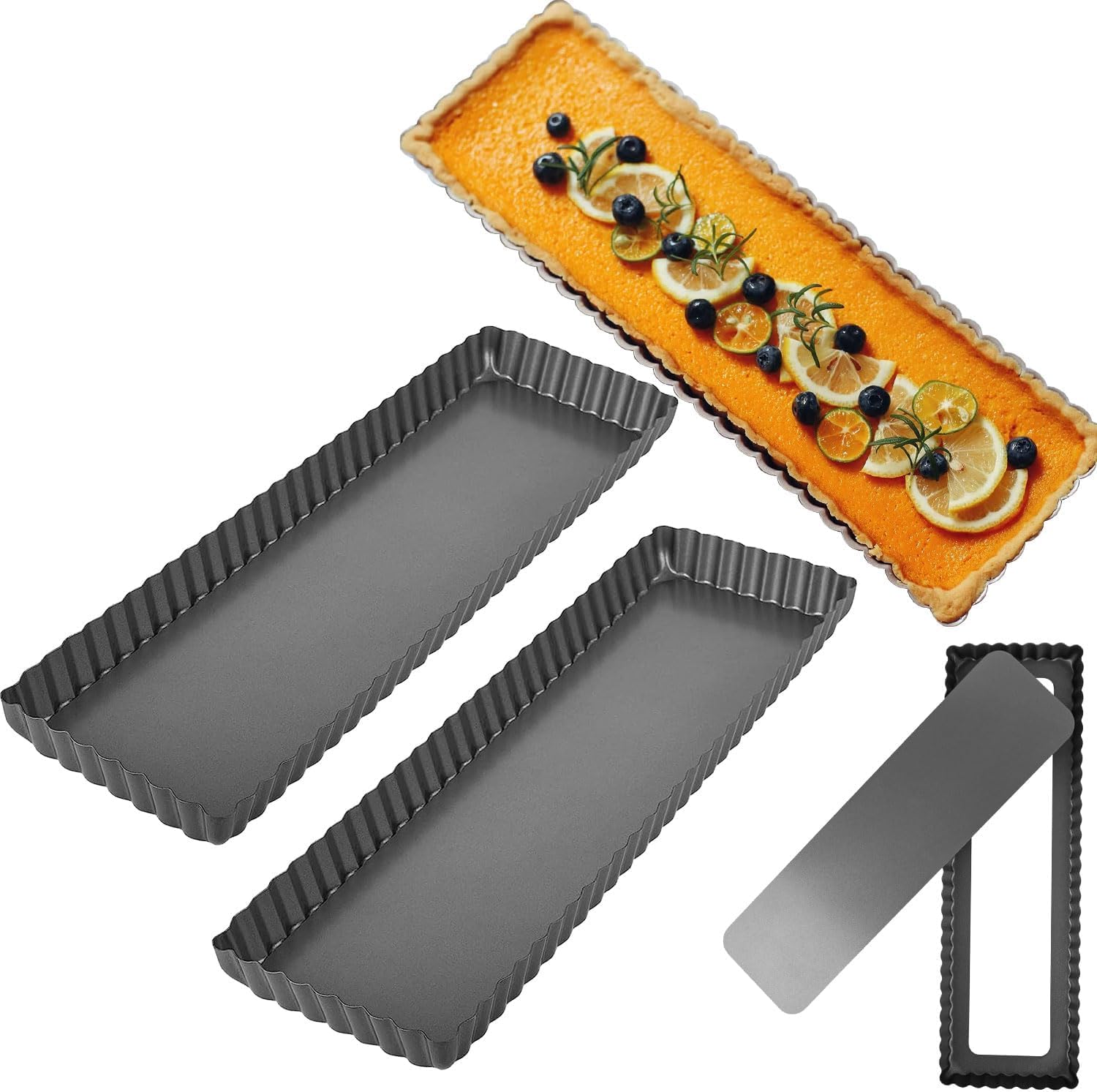 TERRIFI Rectangle Tart Pan with Removable Bottom, 2Pack 13 7/8 Inch Nonstick Quiche Pan for Baking Pies, Reusable Tart Molds for Kitchen Oven Baking, Pies, Tartlets, Mousse Cakes, Muffins (Black)