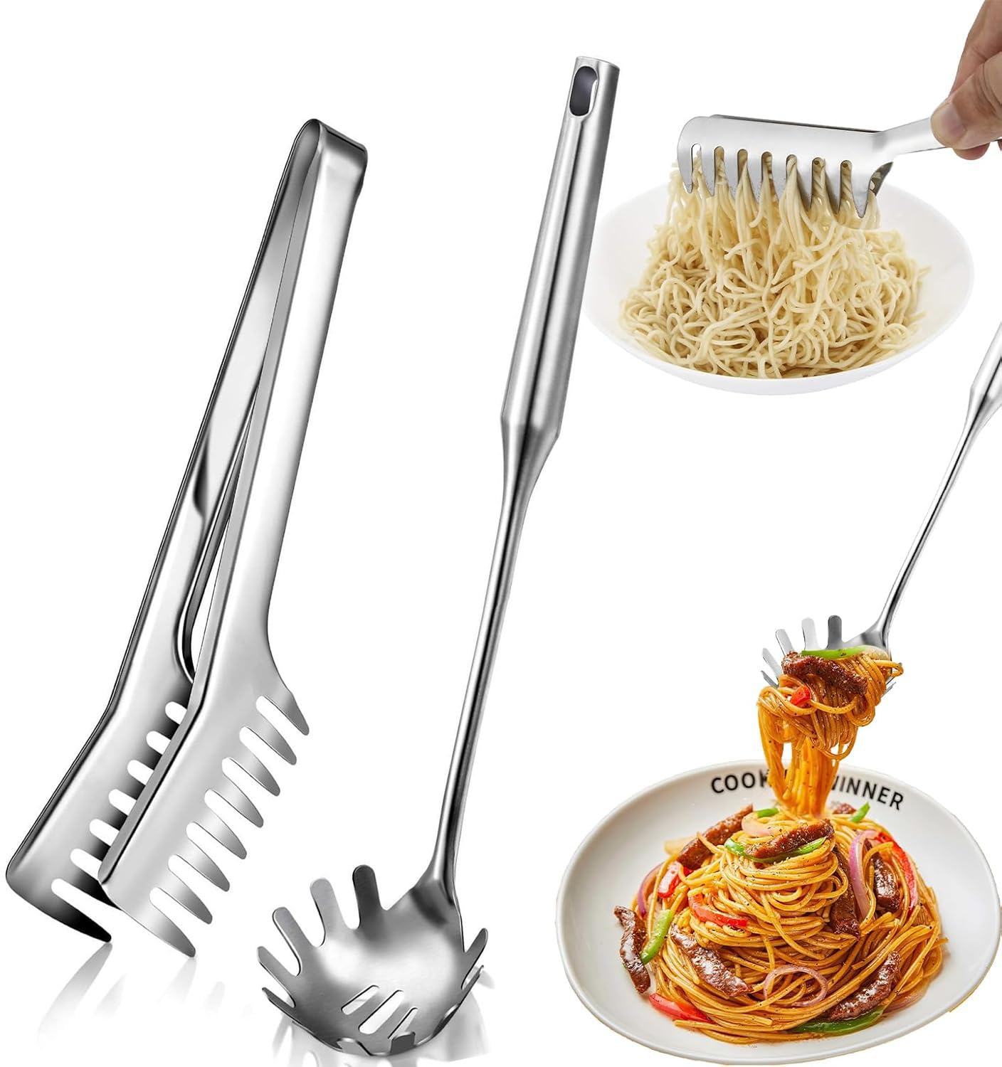 2 PCS Spaghetti Spoon and Spaghetti Tong 2-Piece Set, Stainless Steel Cooking Utensils, Rustproof, Comfortable Grip Design Spaghetti Server, Dishwasher Safe, Easy to Clean