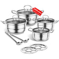Stainless Steel Cookware Set, 12 Piece Pots Set with Steamer and Spoon, Kitchen Induction Cookware Set, Works with Induction, Kitchen Cooking Set with Glass,uncoated (Gray silver N)