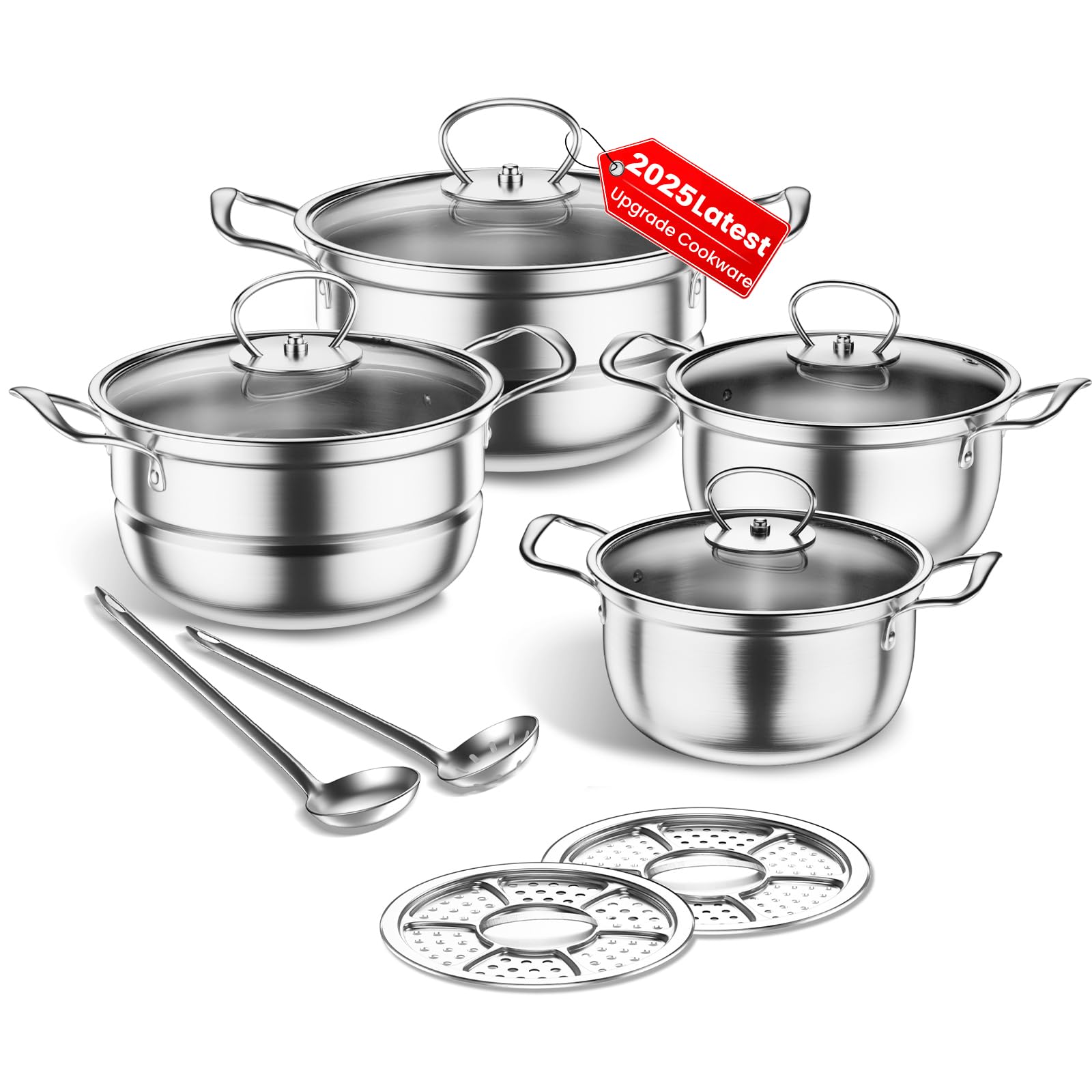 Stainless Steel Cookware Set, 12 Piece Pots Set with Steamer and Spoon, Kitchen Induction Cookware Set, Works with Induction, Kitchen Cooking Set with Glass,uncoated (Gray silver N)