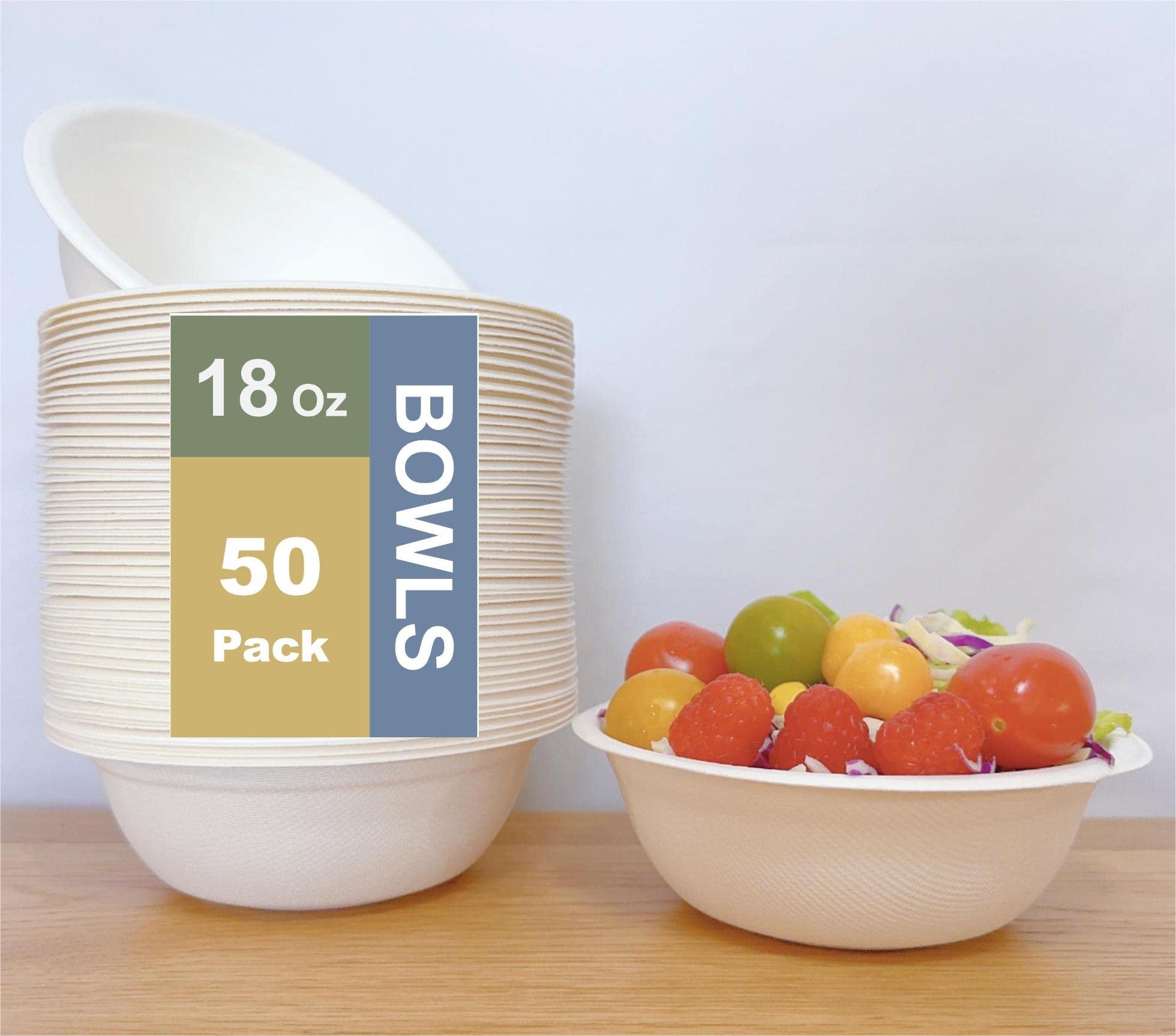 [18-Ounces, 50-Pcs] 100% Compostable Paper Disposable Bowls, Made of Bagasse Fibers, Eco-Friendly and Biodegradable, Perfect for Salad, Soup, Dessert, Hot or Cold Use