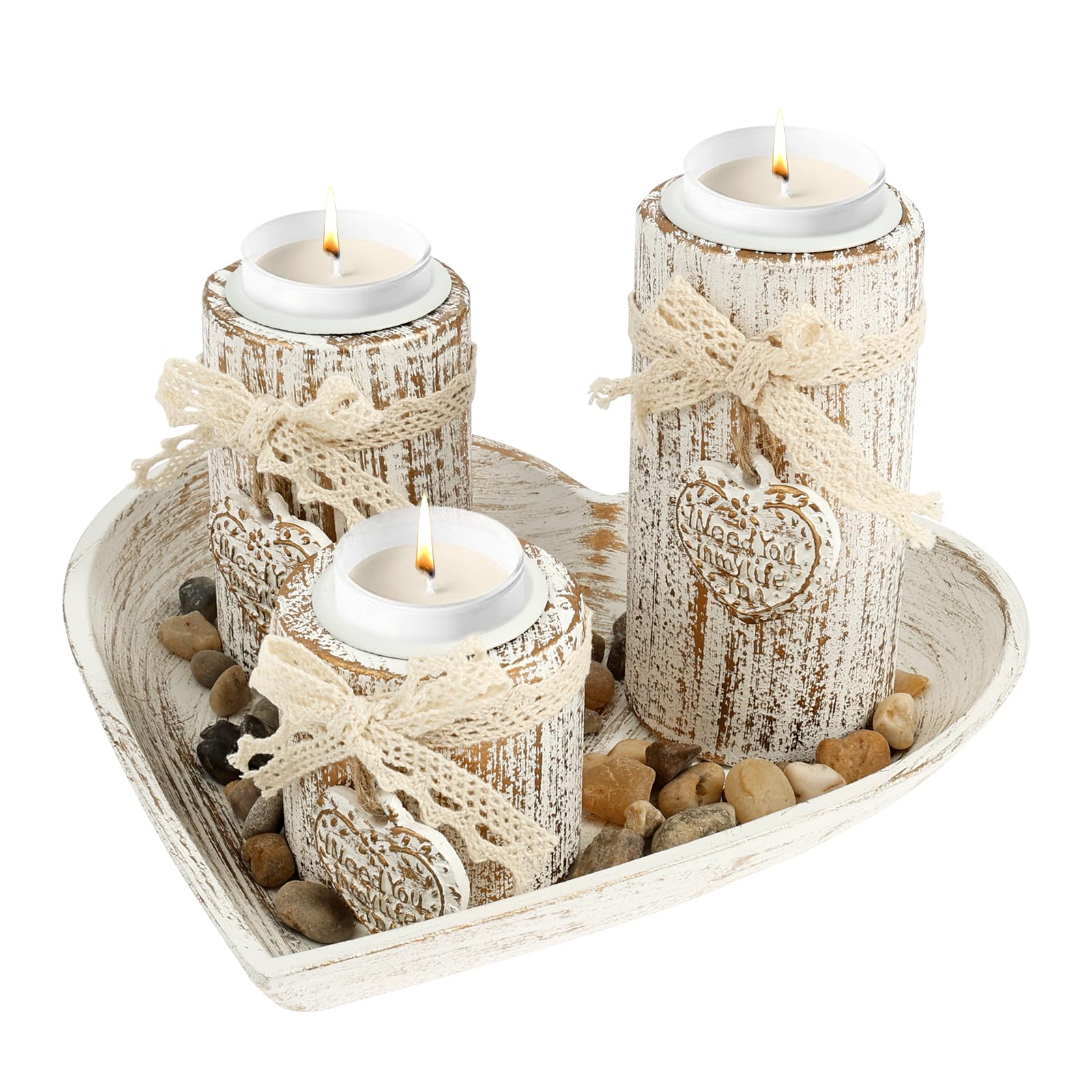 Pack of 3 Candle Holders Heart, Wooden Tea Light Holders with Tray, Vintage Candle Holder Decoration Living Room, for Wedding and Dining Table Decoration, for Birthday, Engagement, Wedding Gift (White