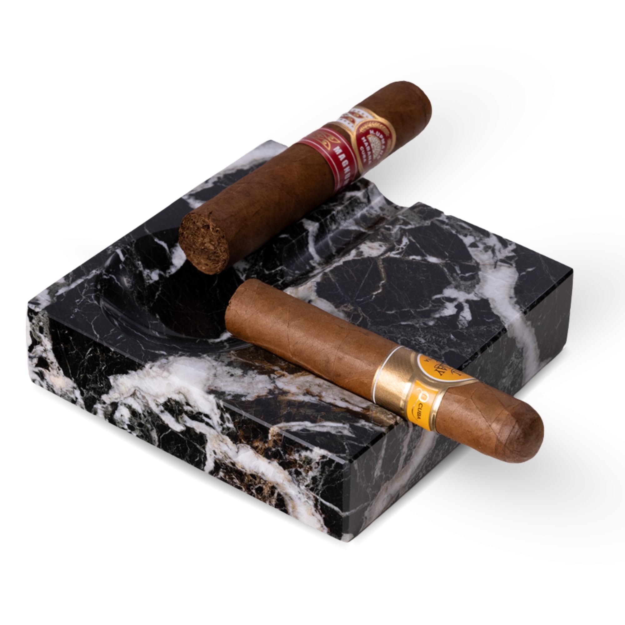 Bey-Berk Dylan Zebra Marble Cigar Ashtray – Two Rests, Windproof Travel Pocket Holder for Indoor & Outdoor Use