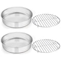 E-far 8-inch Cake Pan with Rack Set, Stainless Steel Round Cake Pans and Baking Cooling Racks, Non Toxic & Healthy, Mirror Polished & Dishwasher Safe - 4 Pieces (2 Pans + 2 Racks)