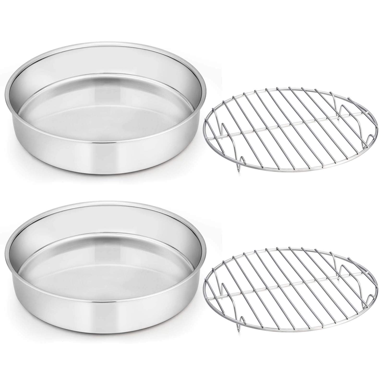 E-far 8-inch Cake Pan with Rack Set, Stainless Steel Round Cake Pans and Baking Cooling Racks, Non Toxic & Healthy, Mirror Polished & Dishwasher Safe - 4 Pieces (2 Pans + 2 Racks)