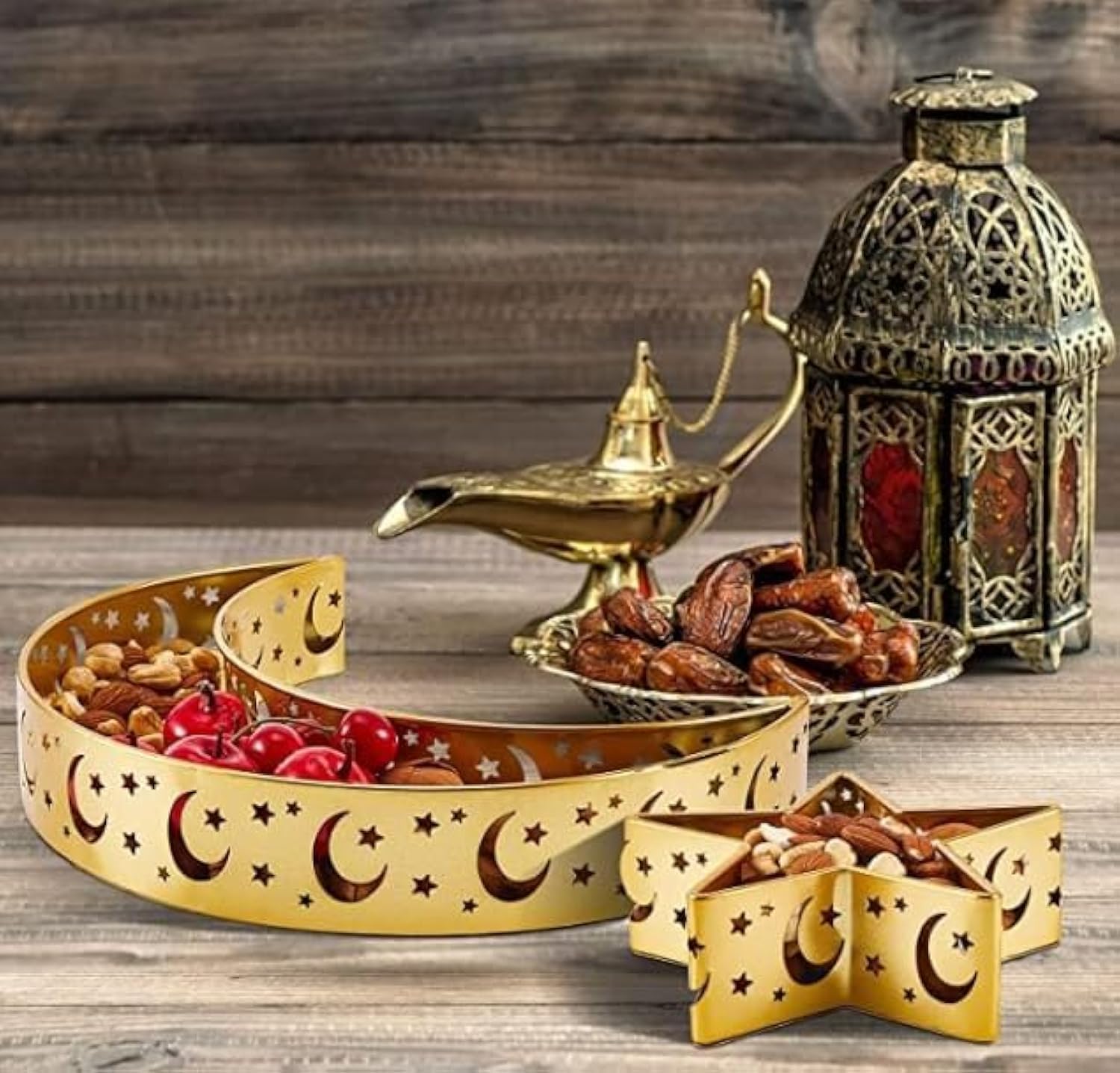 Moon and Star 2Pc Golden Tray set, Eid Gift, Ramdan Table Decorations, Table Tray With Islamic Elements, Ramadan Tableware, Ramadan decorations, Home Gift, Serve Plate, Food Storage, Golden Tray Set
