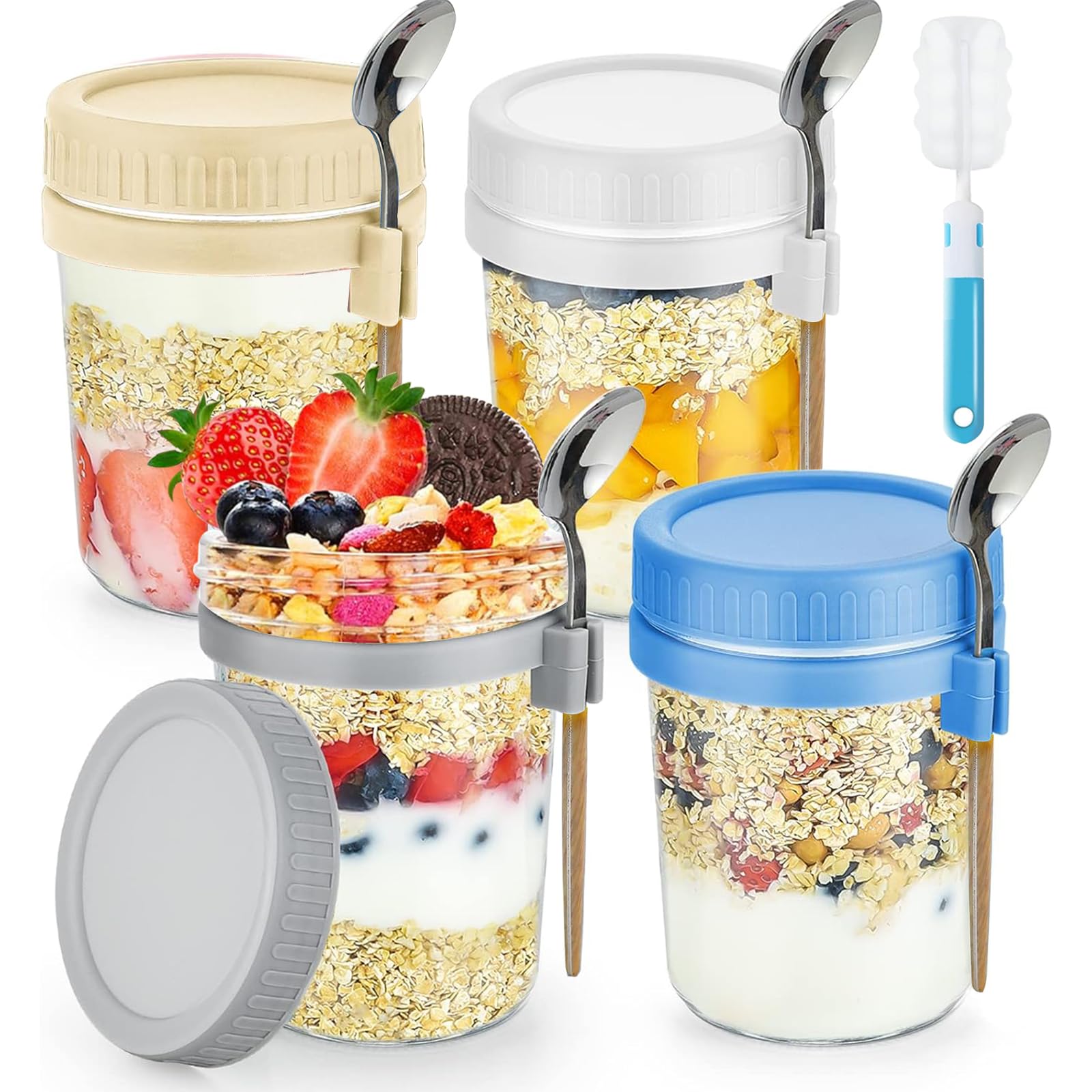 Yoawllty 4Pcs Overnight Oats Jars Mason Jar Oatmeal Jar, 16 Oz Glass Mason Containers with Lids and Spoons, Leak Proof Oatmeal Container for Cereal, Fruit, Vegetable, Milk, Salad, Yogurt