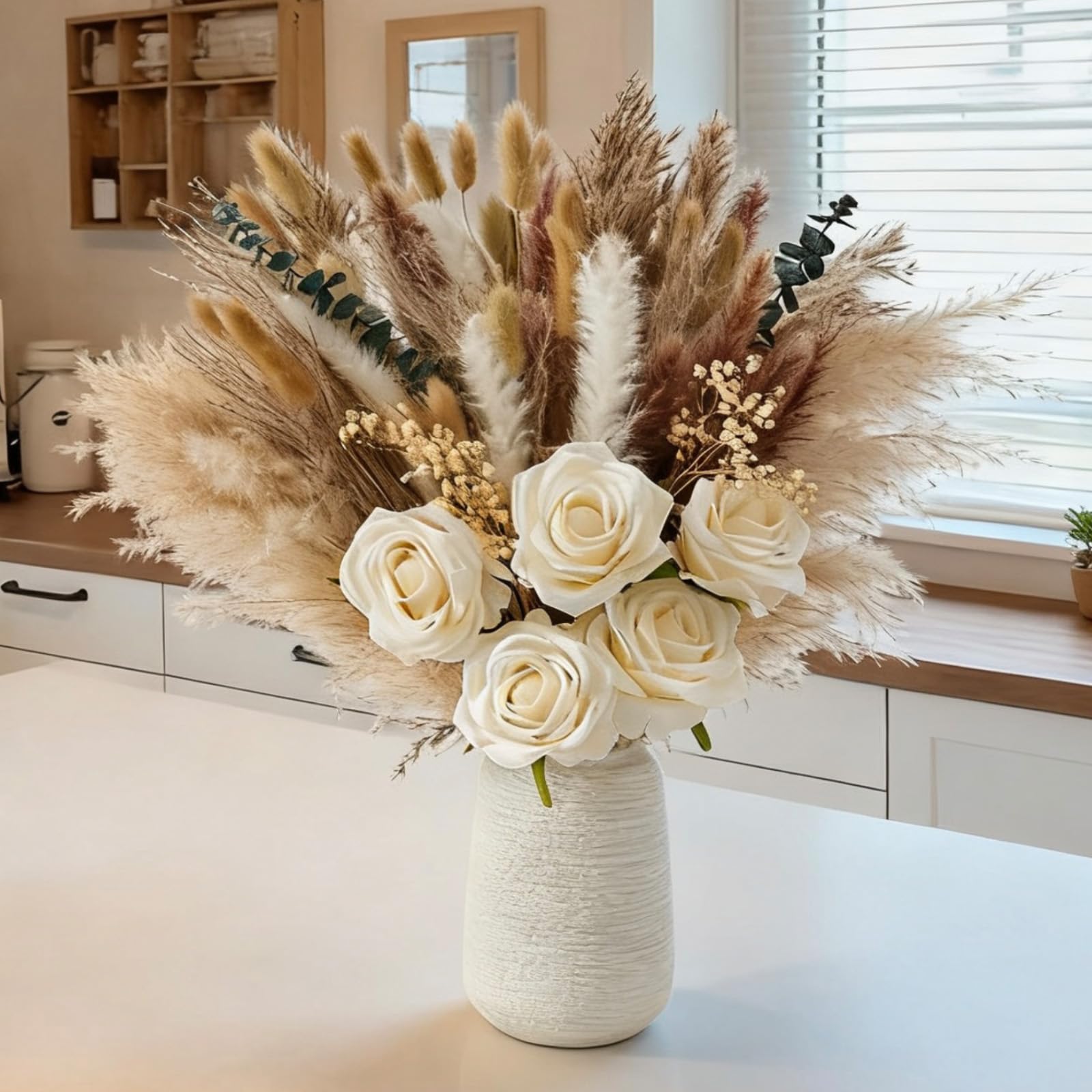 100pcs Artificial Flowers Arrangement With Ceramic Vase Included, Easy to Assemble, Fake Flowers in Vase, Dried Pampas Grass, Dining Table Decorations, Coffee Table Decor, Living Room Decoration
