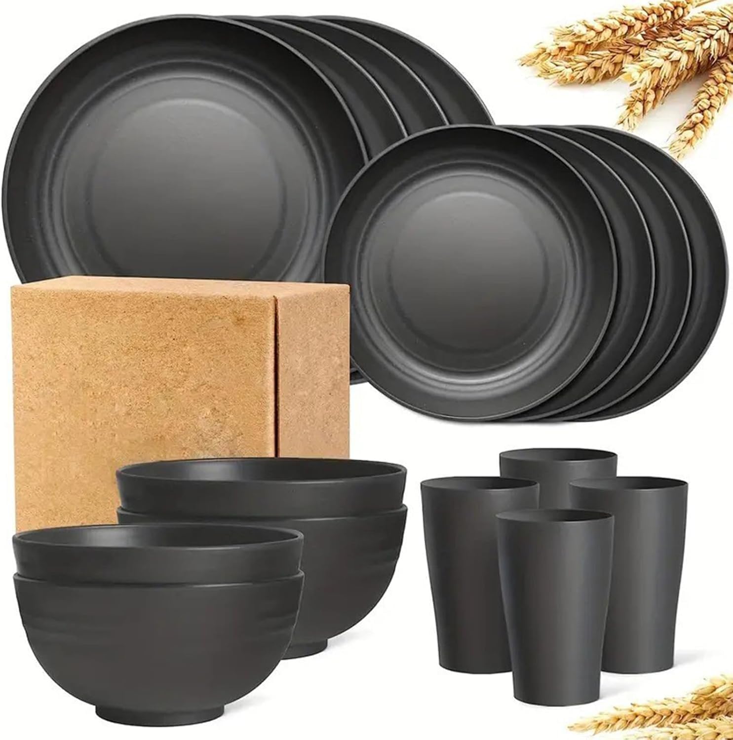 Wheat Straw Dinnerware Set, Unbreakable Plastic Plates Bowls Cups, Lightweight Reusable Tableware for Indoor Outdoor Camping Picnic Travel, Service for 4, 16 Pieces, Black