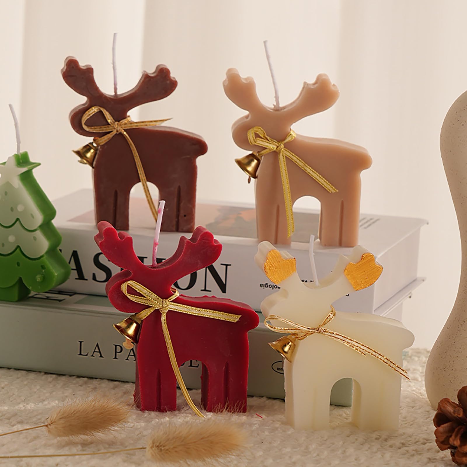 4Pcs Christmas Taper Candles, Cute Deer Tea Lights Candles Gift Handmade Wax Candle for Christmas Party Decor Home Table Holiday Decorations Handmade Delicate Tree Candles for Christ-mas