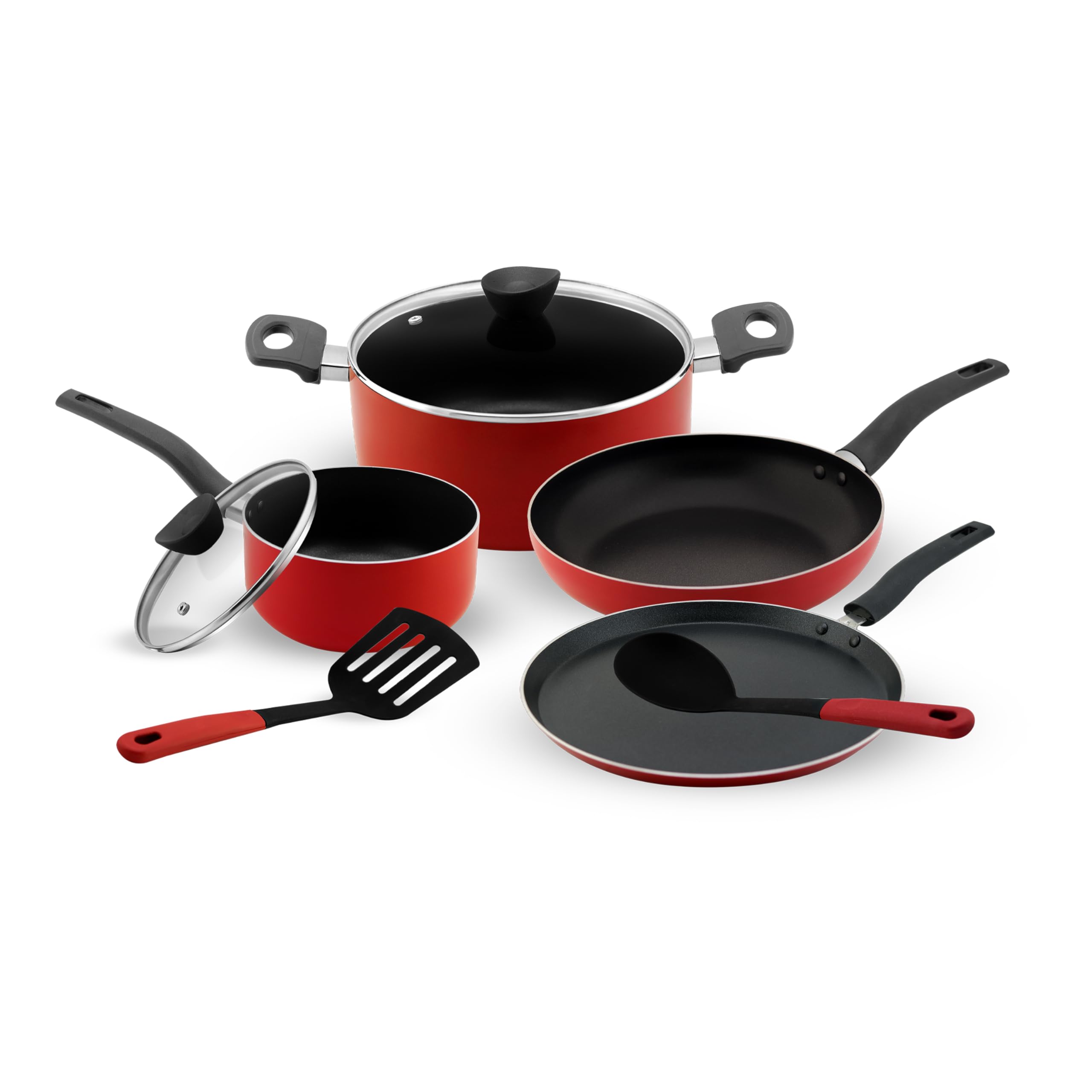 Delcasa 8Pc Nonstick Cookware Set Casserole+ Lid, Sauce pan+ Lid, Frypan, Dosa Tawa, 2pcs nylon tool