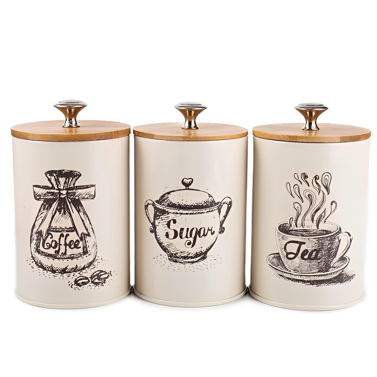 BIGTHREE Vintage Metal Kitchen Canister Set 3 Pack with Bamboo Lid for Coffee Tea Sugar Storage Food Containers, Beige Countertop Home Decor