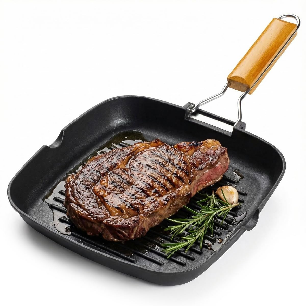 Nonstick Grill Pan for Stove Tops 24cm, Induction Compatible Indoor BBQ Griddle Pan with Pour Spout, Durable Square Grill Skillet with Handle, Dishwasher Safe