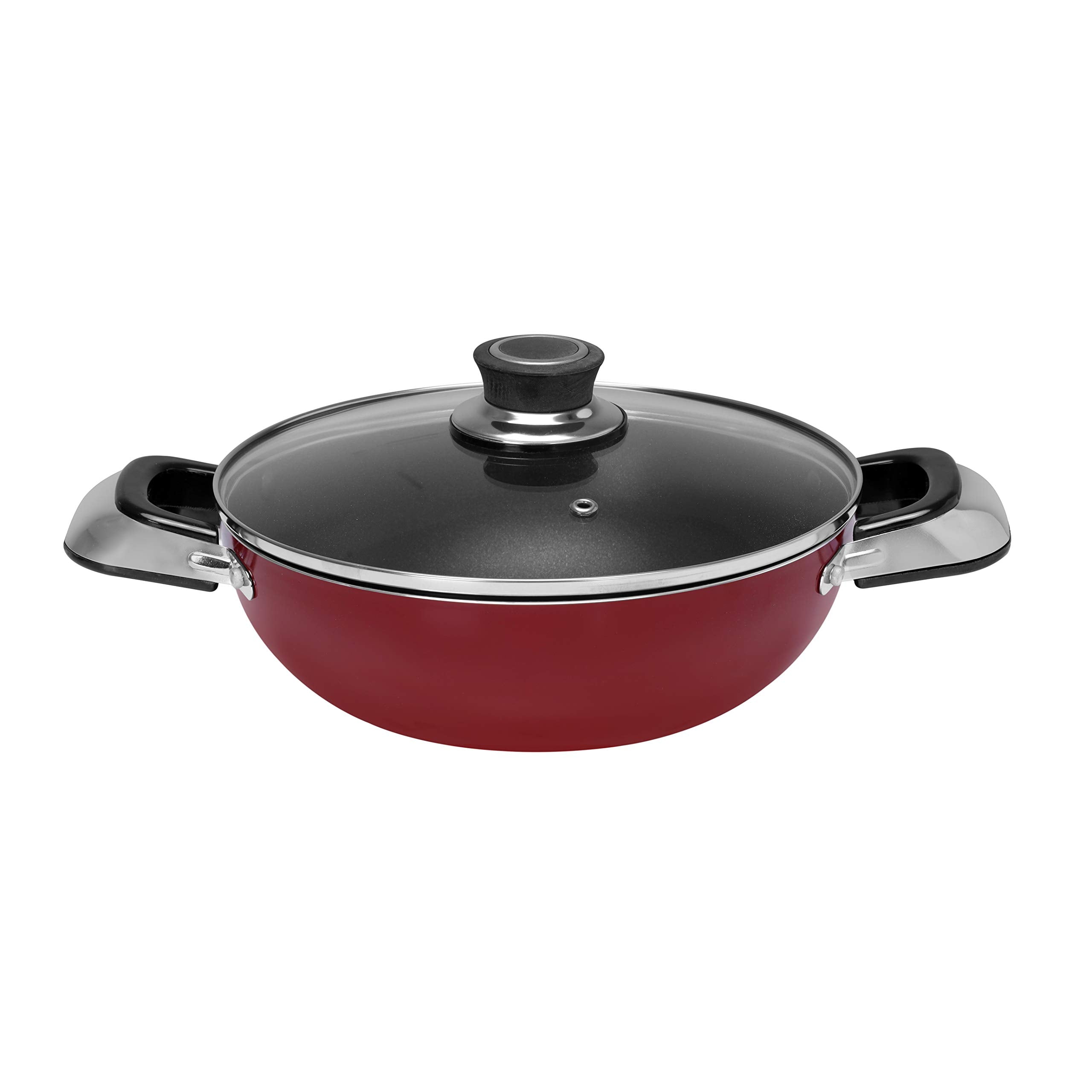 Royalford Aluminum Wok Pan with Glass Lid, 26 CM - Induction Safe Frying Pan with Durable Non-Stick Granite Coating - Frypan with Glass Lid & Heat-Resistant Handles - Cookware Casserole Pan