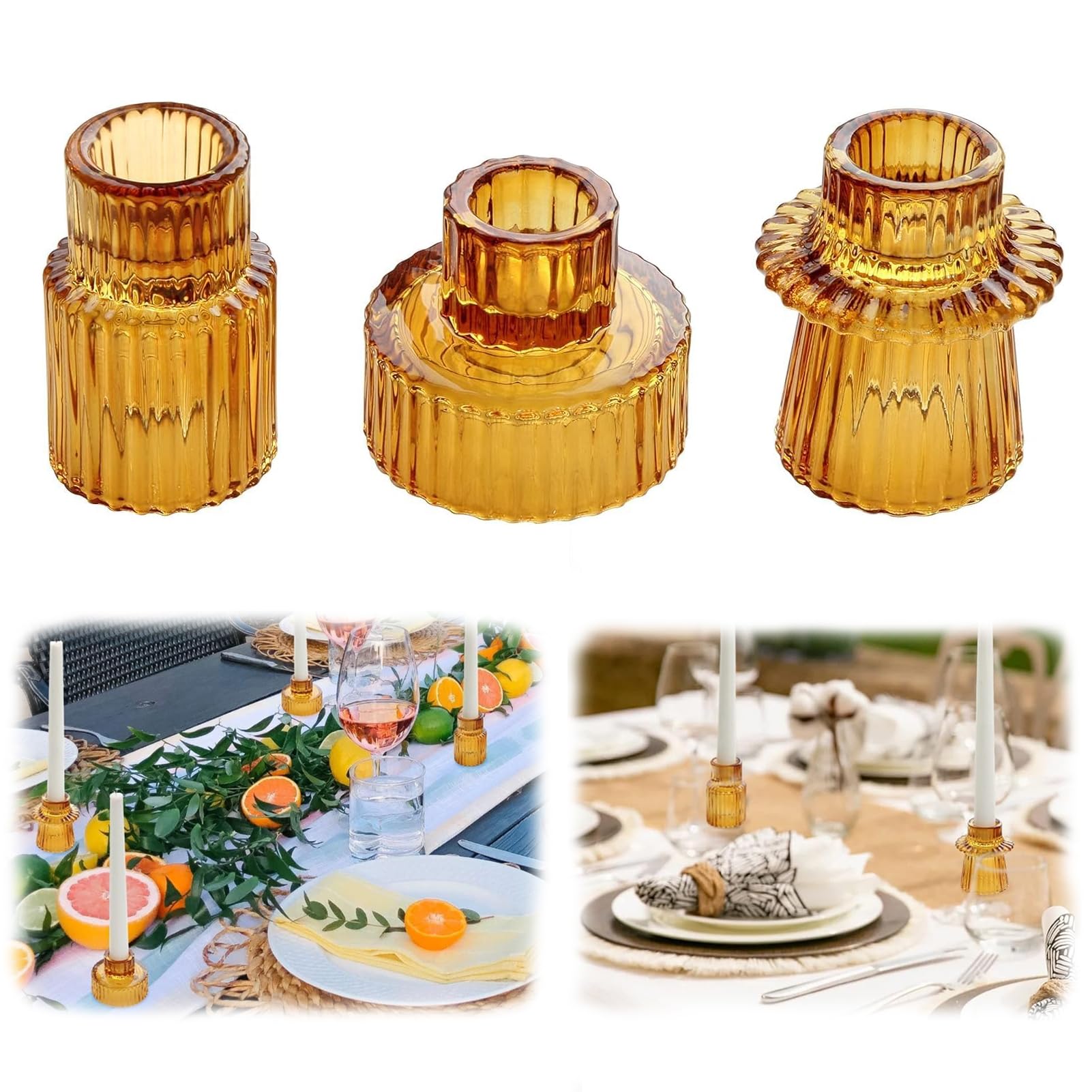 Candlestick Holders Set of 3 Glass Candle Holders for Taper Candles,Pillar Candles and Tealight Candles,for Table Centerpieces, Wedding Decor and Dinner Party (Amber)