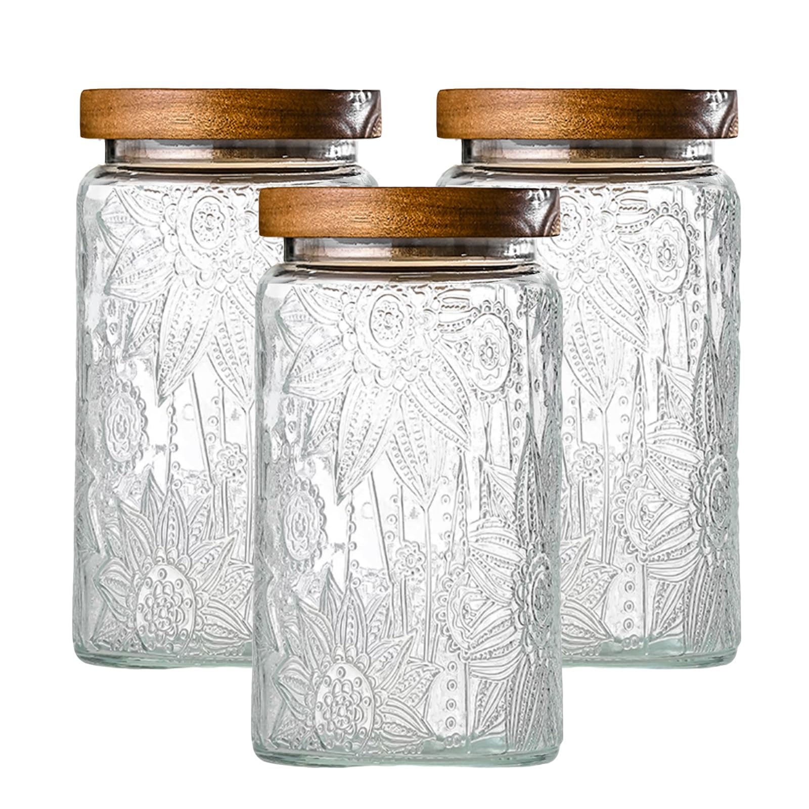 THE WHITE SHOP 3PCS Vintage Glass Jar With Lid, Glass Storage Containers, Airtight Kitchen Storage Containers For Sugar Spice Flour Candy Cookie Pasta Cereal 33OZ