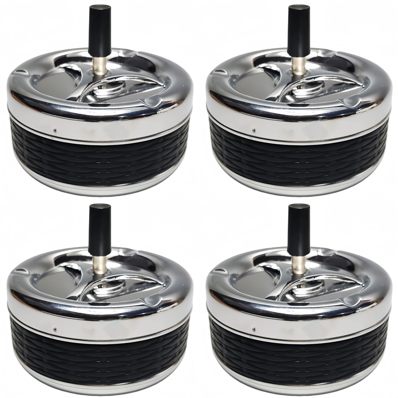 Ashtray with Lid, 13 cm, Metal Rotating Ashtray with Push Rotation, for Home, Office, Balcony, 1 Piece / Set of 4 (4 Colours) (Black Smooth 4)