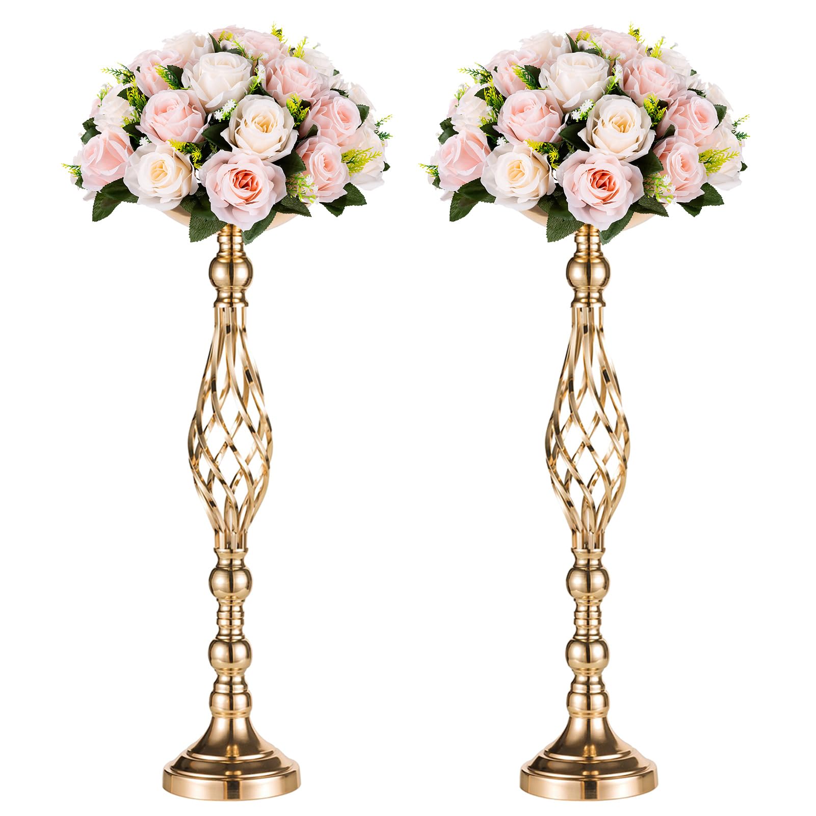 Nuptio Versatile Metal Flower Arrangement Stand & Pillar Candles Holder Set for Wedding Party Dinner Centerpiece Event Restaurant Hotel Decoration (2 x L, Gold)