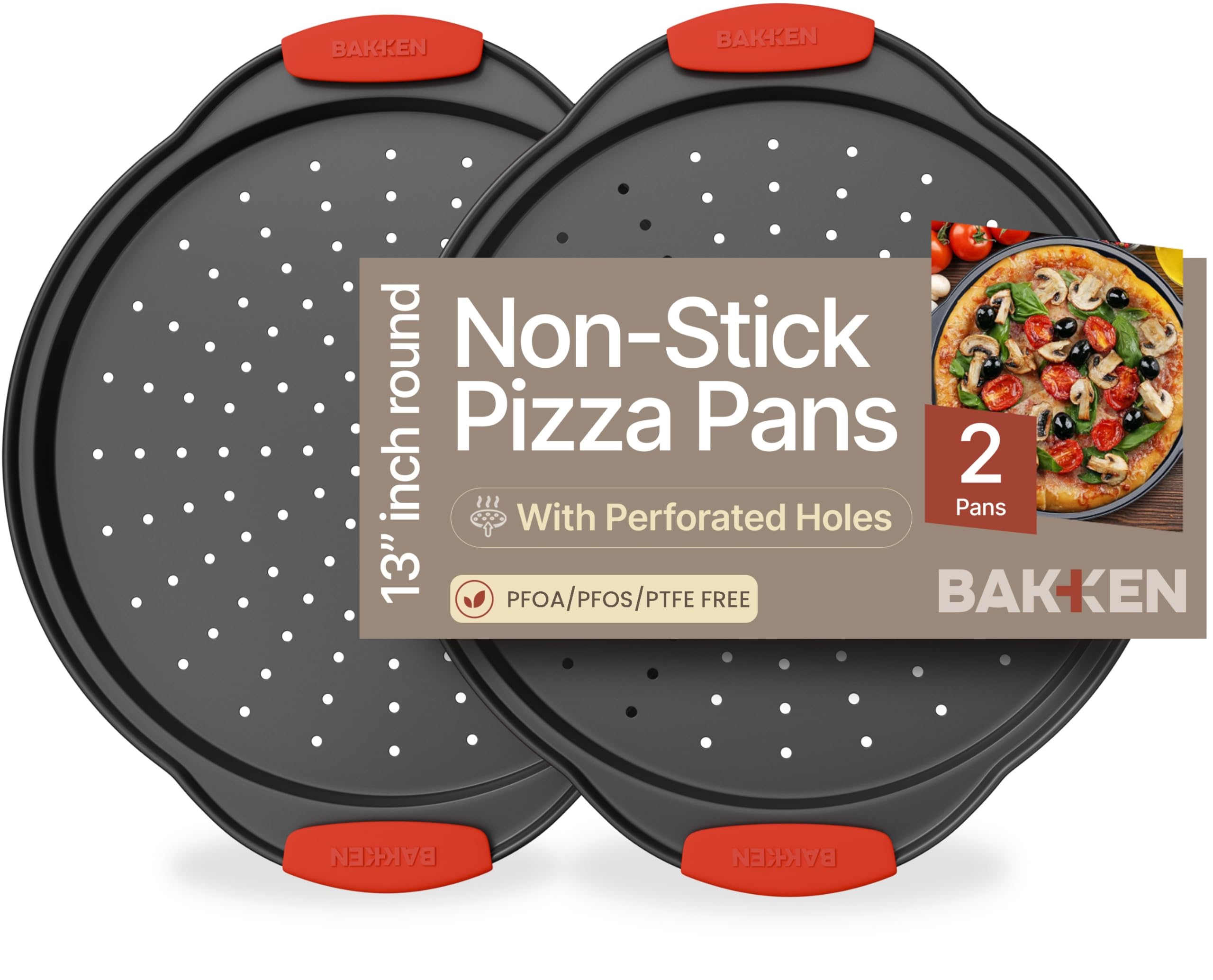 Bakken- Swiss Pizza Tray – 2 Round with Silicone Handles – Carbon Steel Pizza Pan with Holes and Non-Stick Coating – PFOA PFOS and PTFE Free by