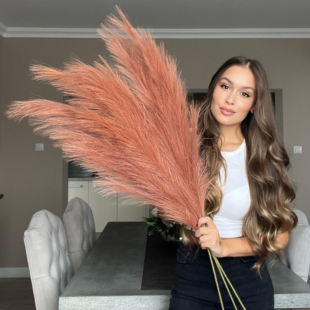 Extra Large Tall Rusty Orange Fake Faux Artificial Pampas Grass Large Fluffy x3 115cm Stems x18 Decorative Artificial Flora Feathers For Floor Vases Tall Orange Plant Flowers Long Pampas Grass