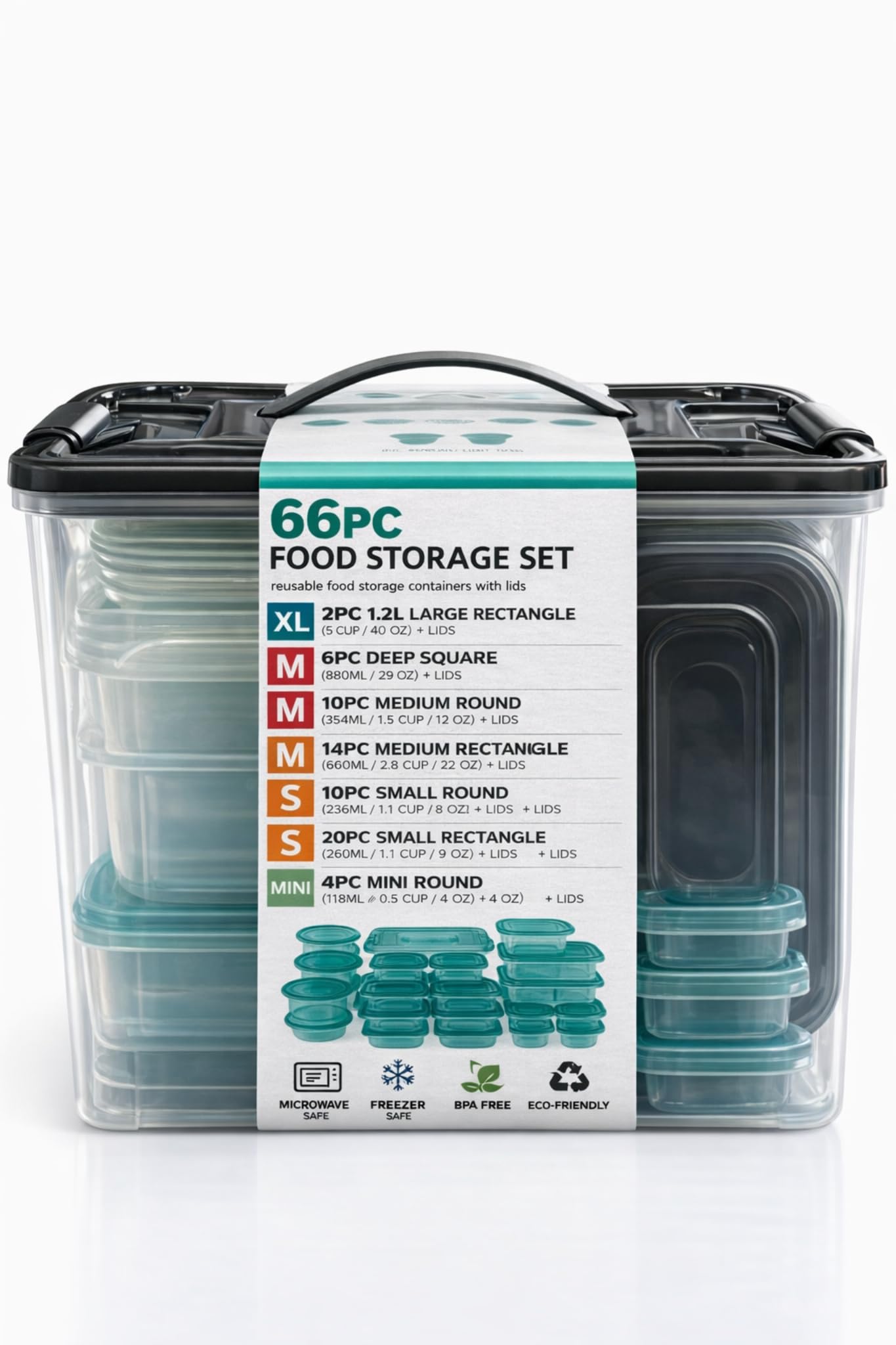 Food Storage Container Set with Lids, Plastic, Multiple Sizes, Microwave and Freezer Safe, BPA Free,66 Piece
