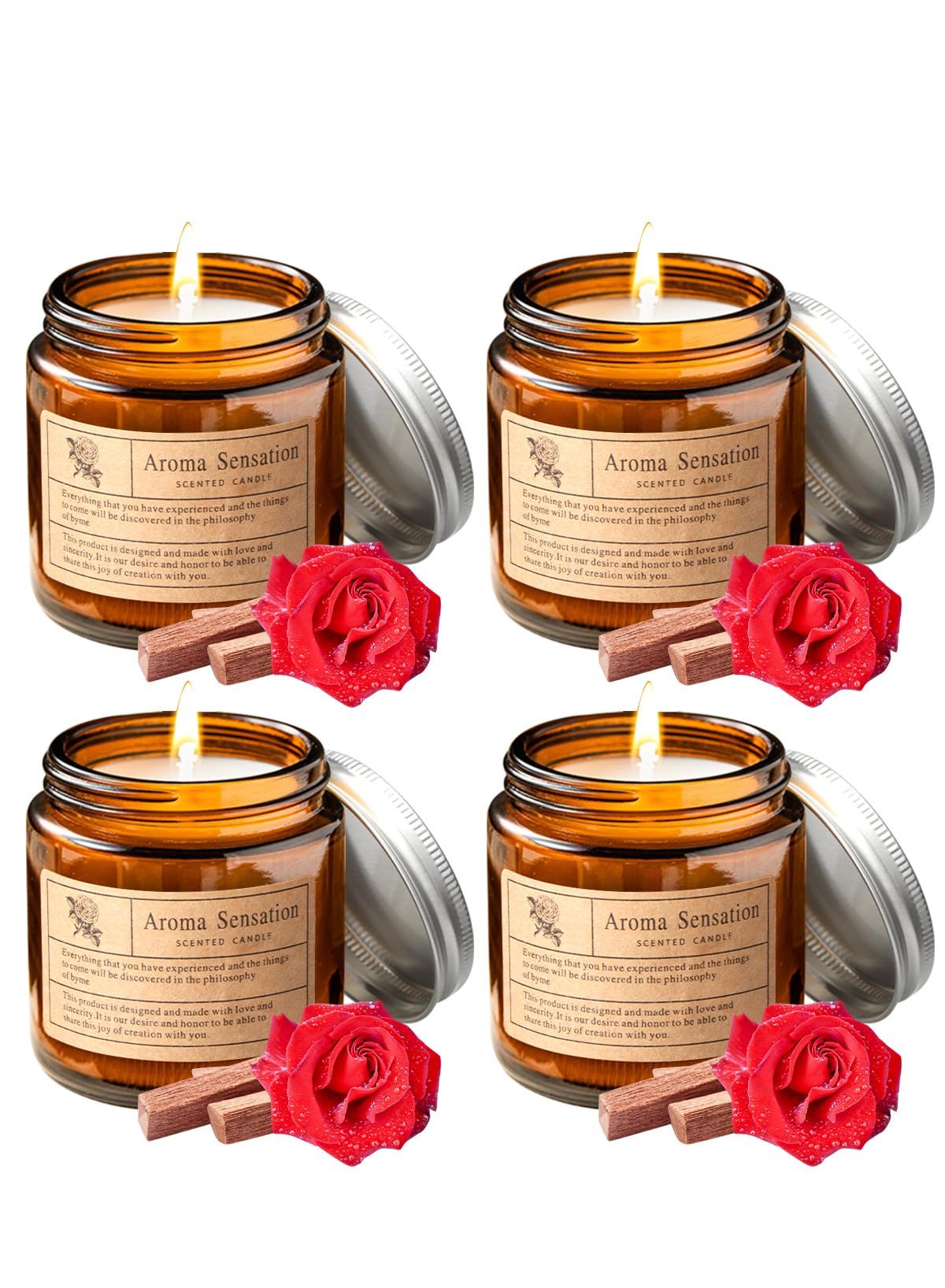 Homarket Candle Set Plant Wax Scented Candles Brown Jar Candle 4 Pack Long Burning Time Lasting Fragrance for Home Scented Aromatherapy Festival Gifts Set - Sandalwood Rose