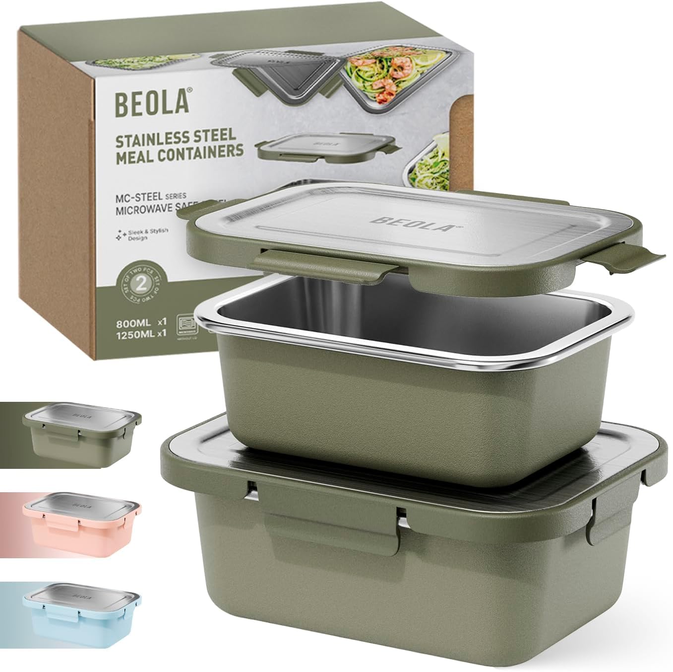 BEOLA Microwave Safe Stainless Steel Lunch Box 2pcs Set, MC-Steel™ 18/8 Meal Prep Food Storage Container, Pink Stainless Steel Lunch Boxes for Kids, Steel Kitchen Box 800/1250ml (Forest Green)