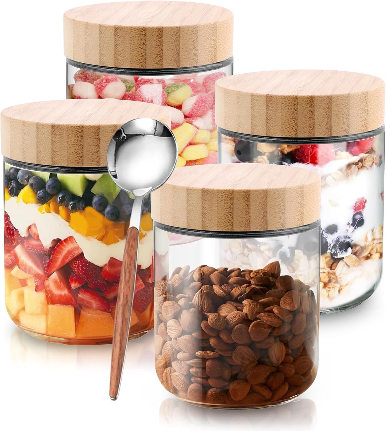 Beauenty 16oz Glass Jars, Overnight Oats Containers, 4 Pack Mason Jars with Lids, Airtight Food Storage Containers, for Overnight Oats, Yogurt, Cereal, Pudding, Spices, Pickling, Snacks & More