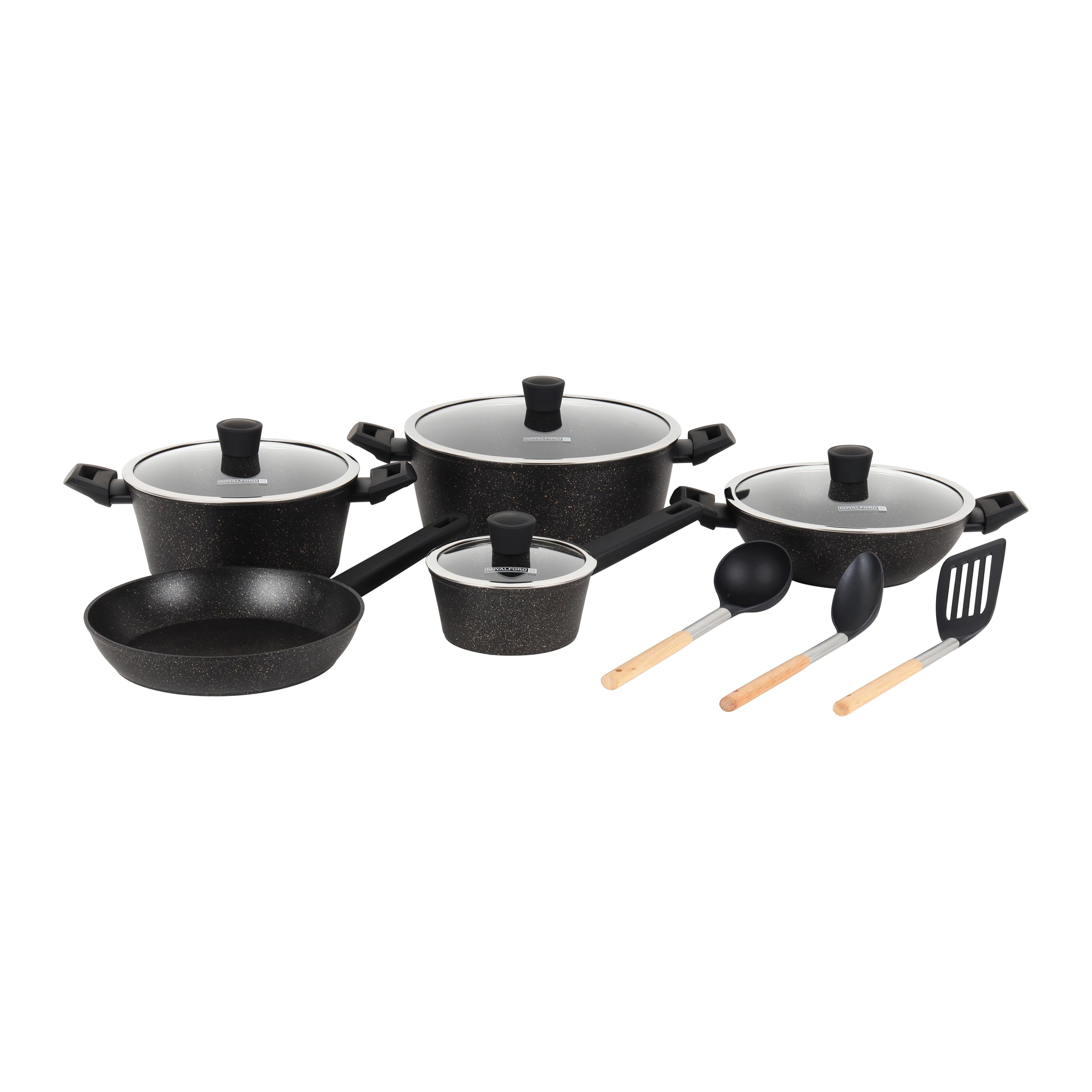 Royalford Authentic RF12677 Granite Non Stick Cooking Pots and Pans Set 12 pcs Set Aluminium Cookware Set Induction Base Cooking Set Combo Frying pan Sauce Pan Wok Pan Kitchen Utensils Glass Lid