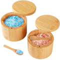 Bamboo Salt Cellar, 2 Pcs Container With Built-In Spoon, Box Bowl Magnetic Swivel Lid, Elegant Kitchen Holder Saver Jar To Storage Pepper Spice Sea For Countertop