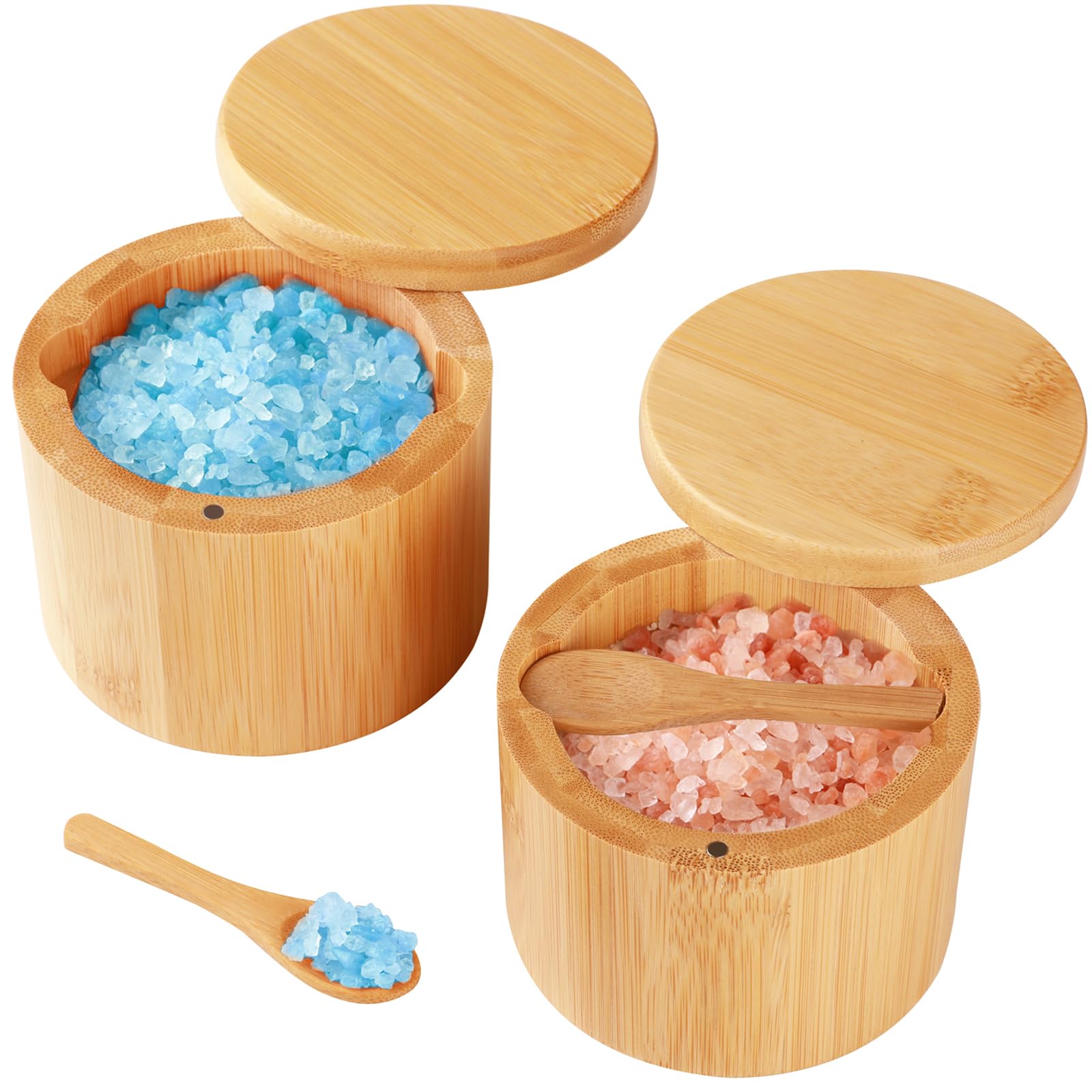 Bamboo Salt Cellar, 2 Pcs Container With Built-In Spoon, Box Bowl Magnetic Swivel Lid, Elegant Kitchen Holder Saver Jar To Storage Pepper Spice Sea For Countertop