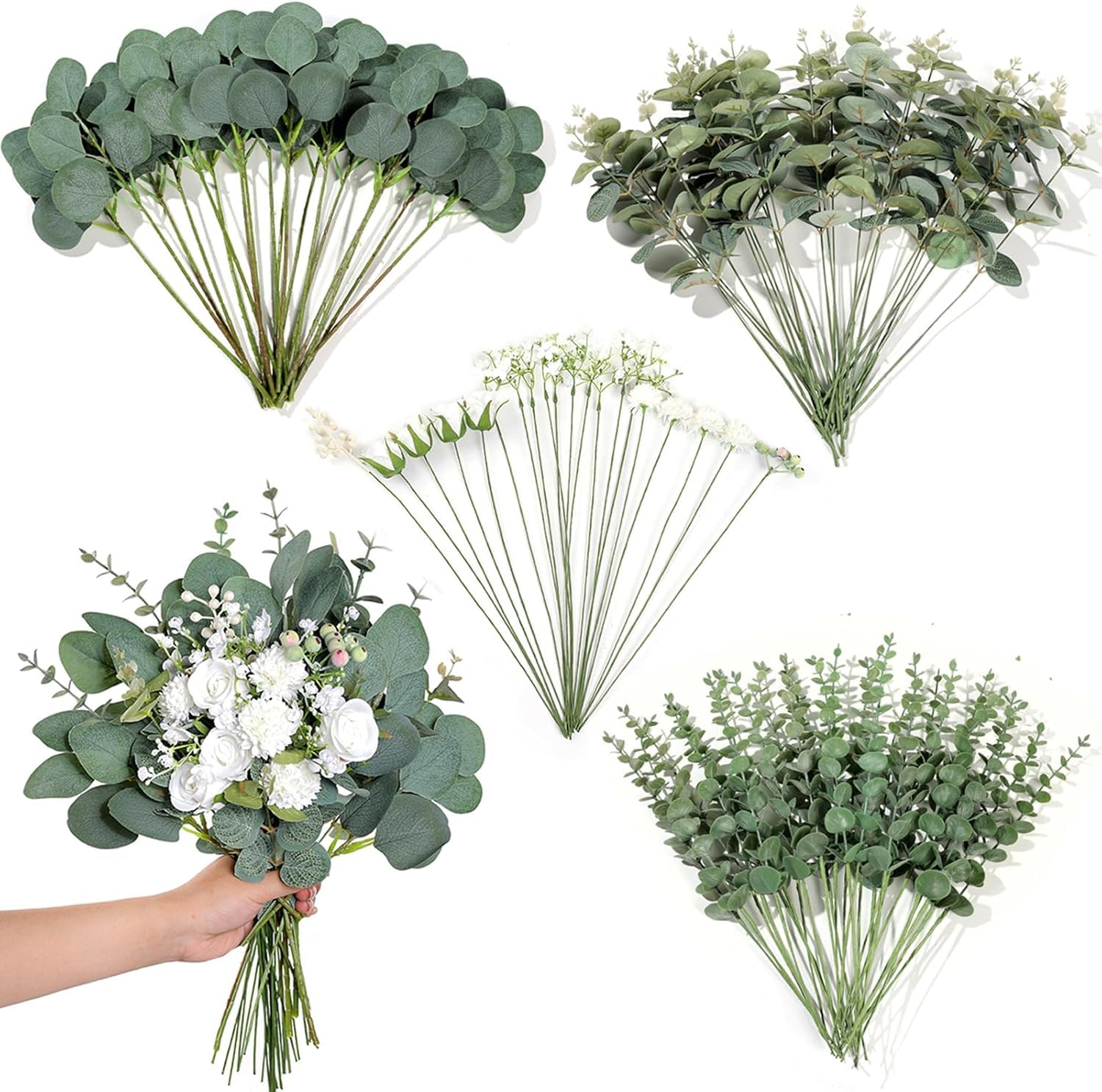 110 Pcs Artificial Eucalyptus Stems & Faux Flowers, 8 Varieties Mixed Real Touch Greenery with Artificial Silver Dollar Eucalyptus Leaves, Roses for DIY Bouquets, Wedding & Home Decor